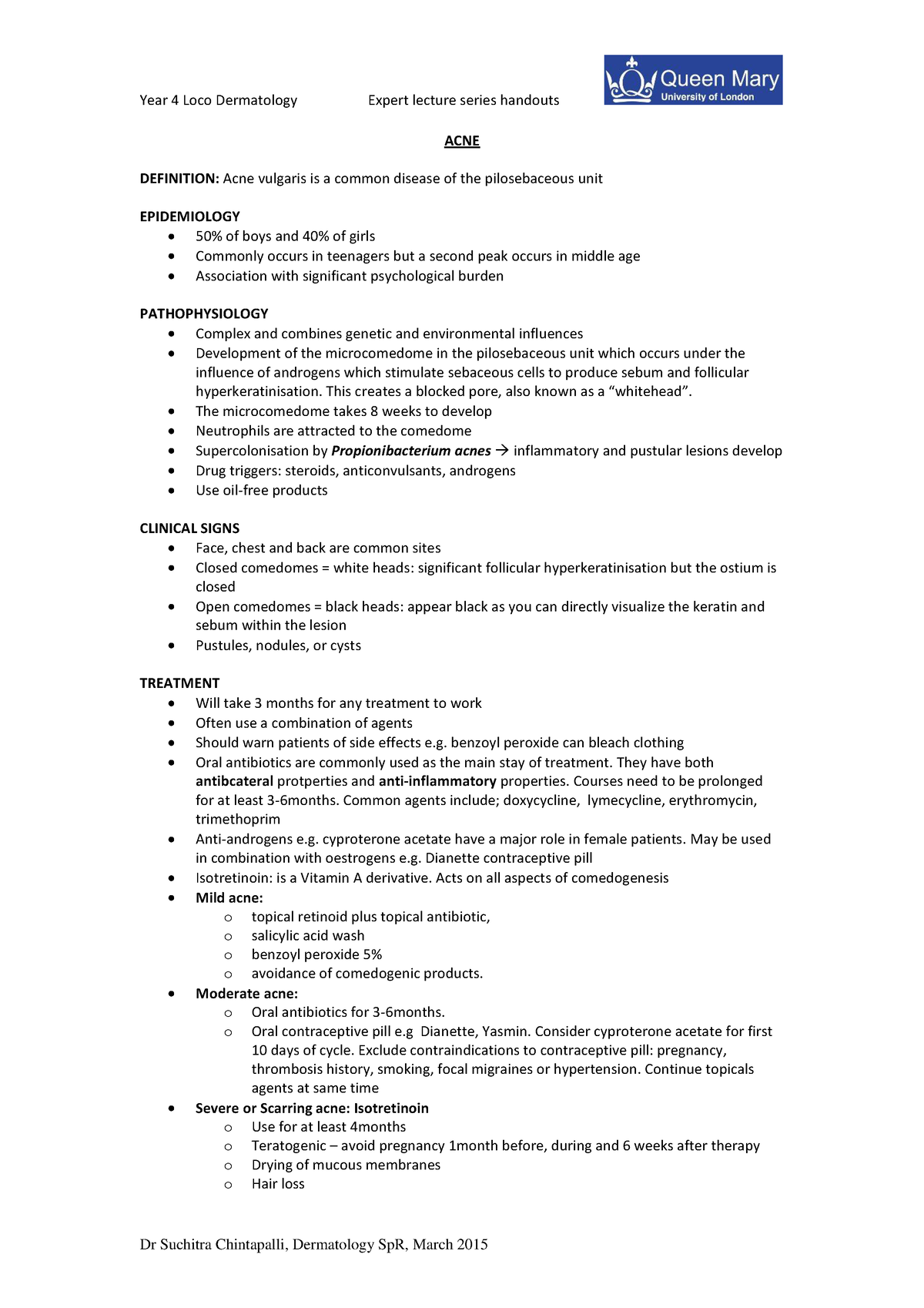 Acne and rosacea handout - Year 4 Loco Dermatology Expert lecture ...