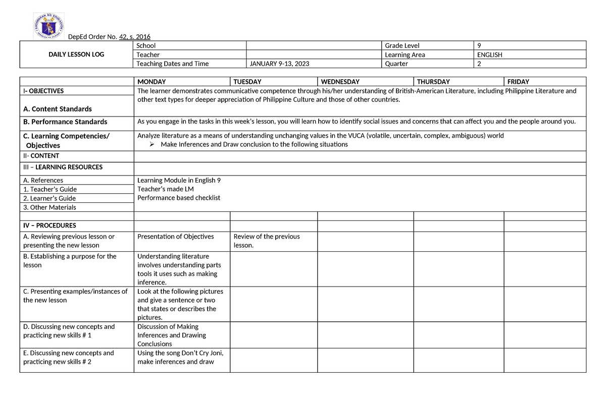 Quarter 2- WEEK 2 (DLL) - DLL - DepEd Order No. 42, s. 2016 DAILY ...