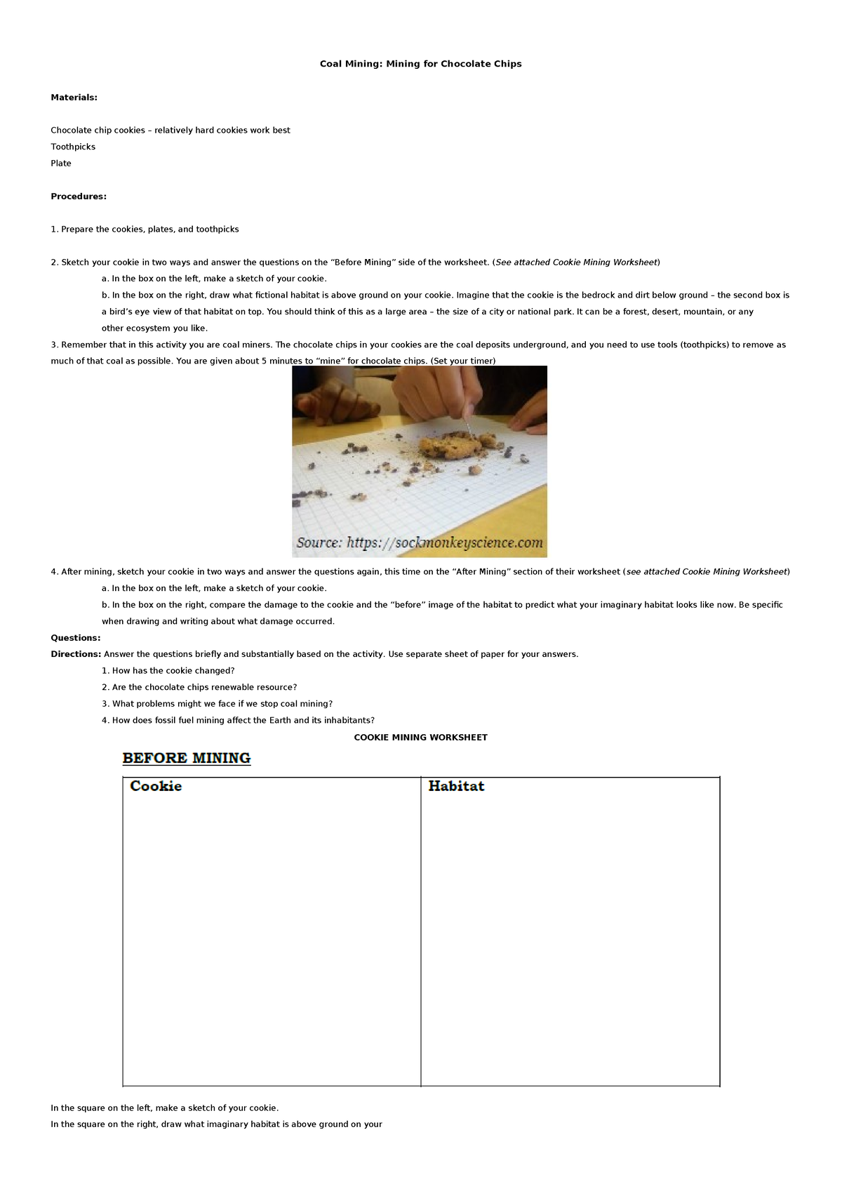 Cookie Mining Worksheet Coal Mining: Mining for Chocolate Chips