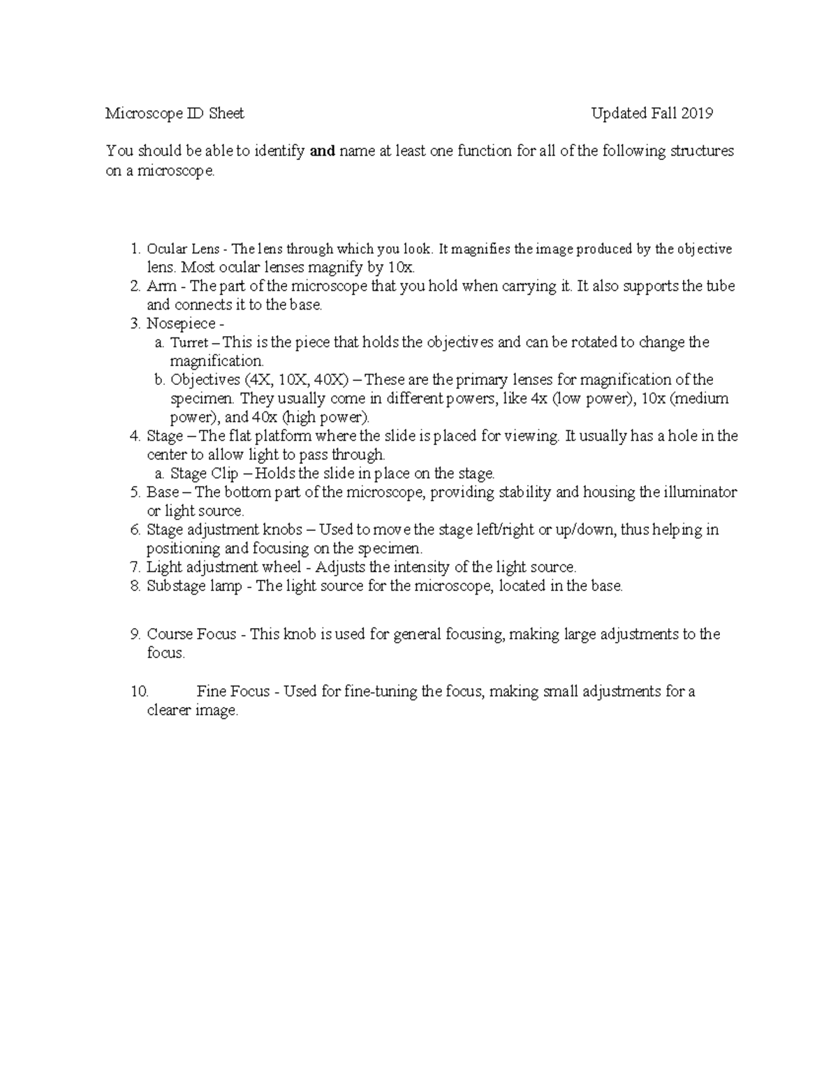 Microscope In-Lab Study Guide - Marlon Williams - Microscope ID Sheet ...