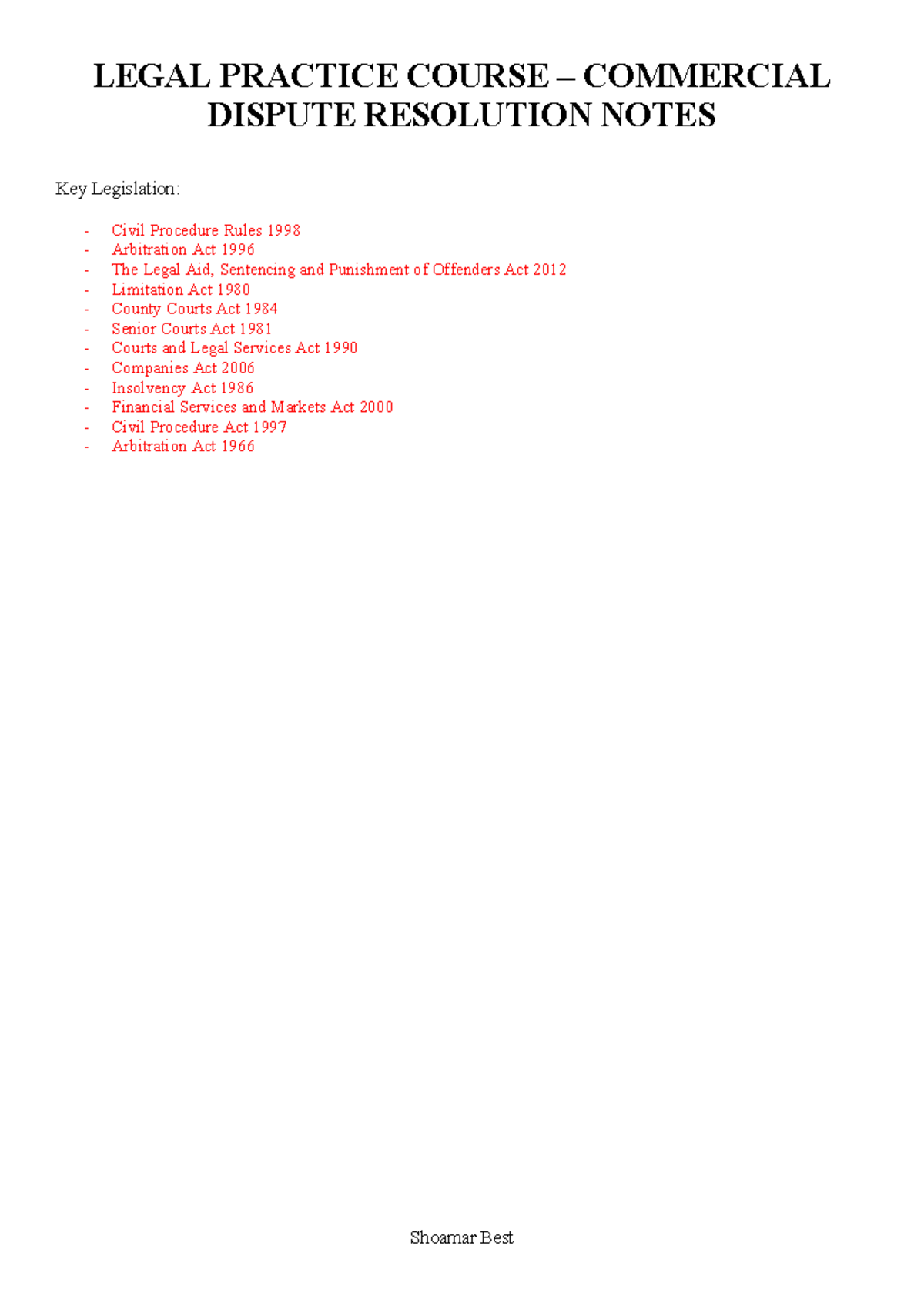 Commercial Dispute Resolution Notes - LEGAL PRACTICE COURSE ...