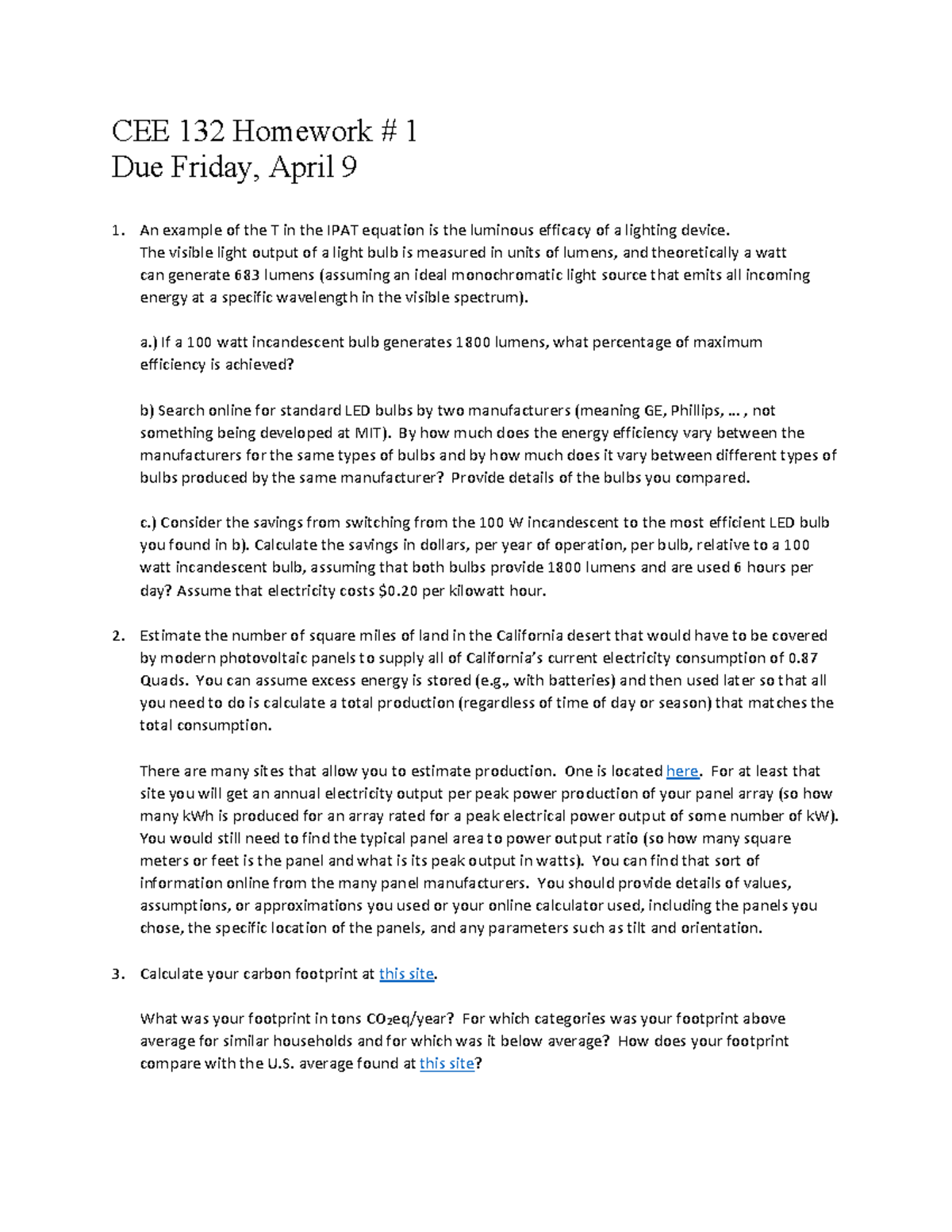 Green Engineering Hw 1 - CEE 132 Homework # 1 Due Friday, April 9 An ...
