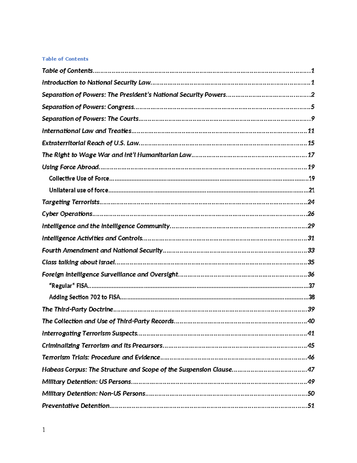 Nat Sec Outline Summary National Security Law Table of Contents