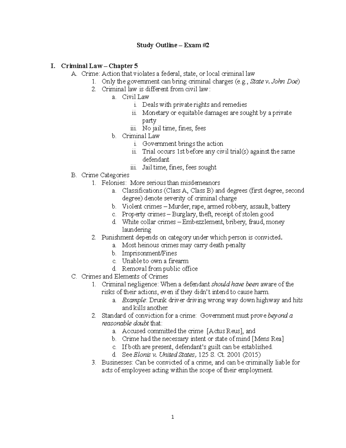 Law Exam 2 Study Guide Lecture notes Exam 2 Study Outline Exam