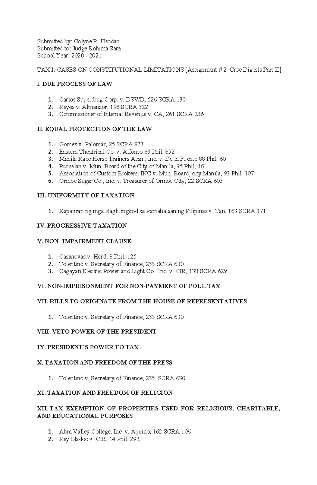 Tax 1 Case Digests - Doctrinal Cases On Constitutional Limitations On ...