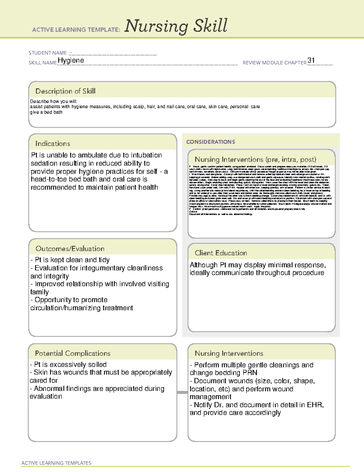 ATI Hygiene DONE Assignment ACTIVE LEARNING TEMPLATES Nursing Skill 