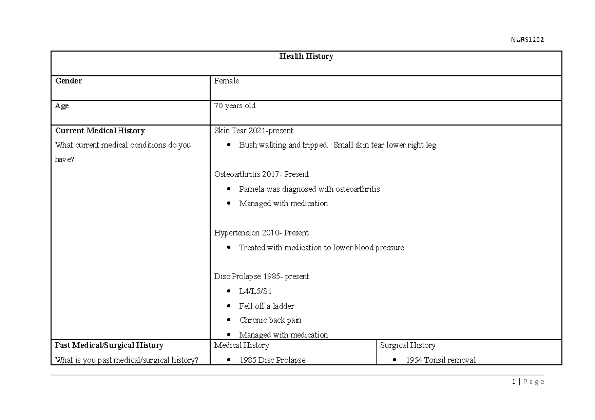 Health History and Case Study - Health History Gender Female Age 70 ...