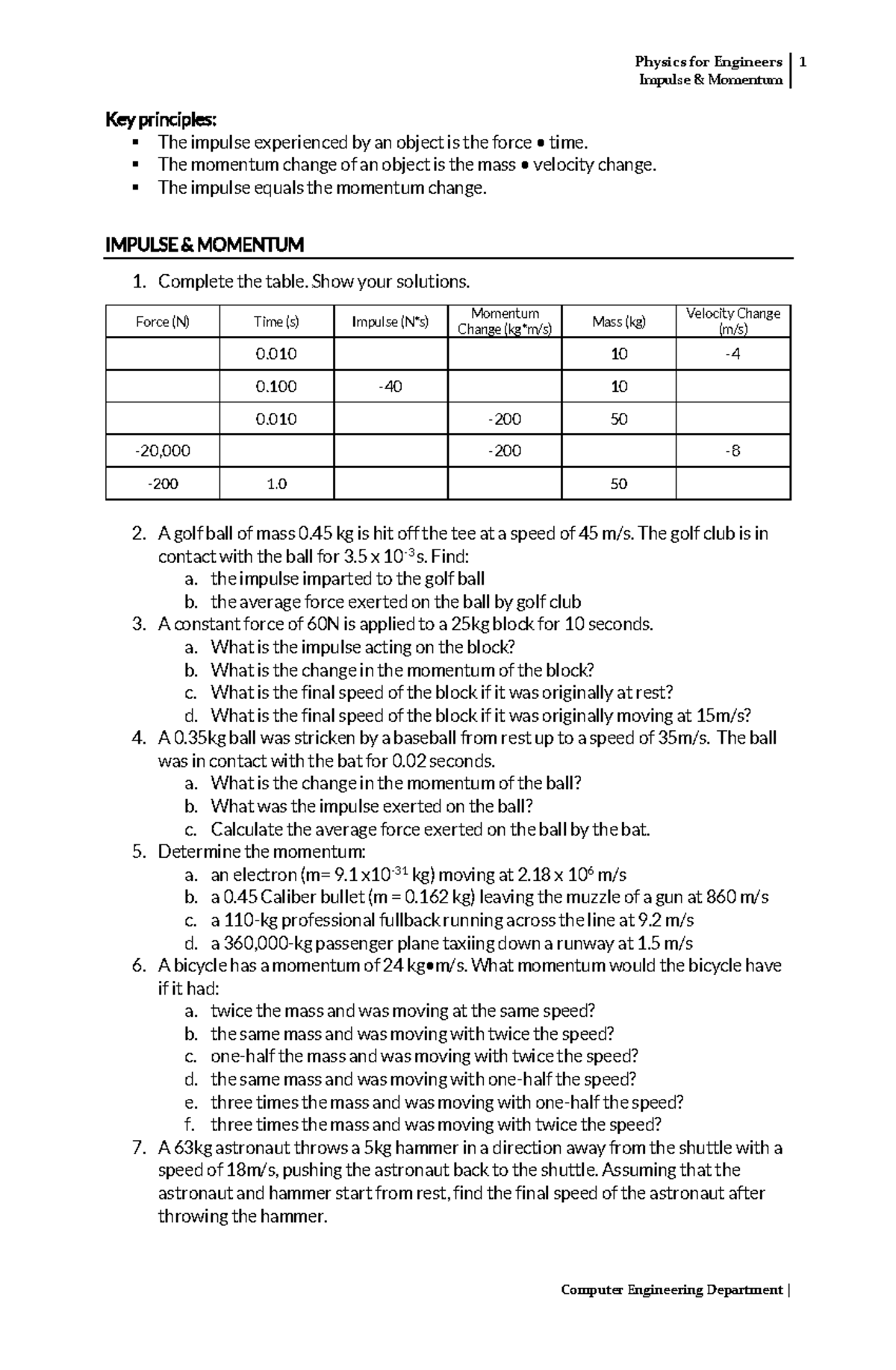 PS3-Impulse-Momentum 1 - Physics for Engineers Impulse & Momentum 1 ...