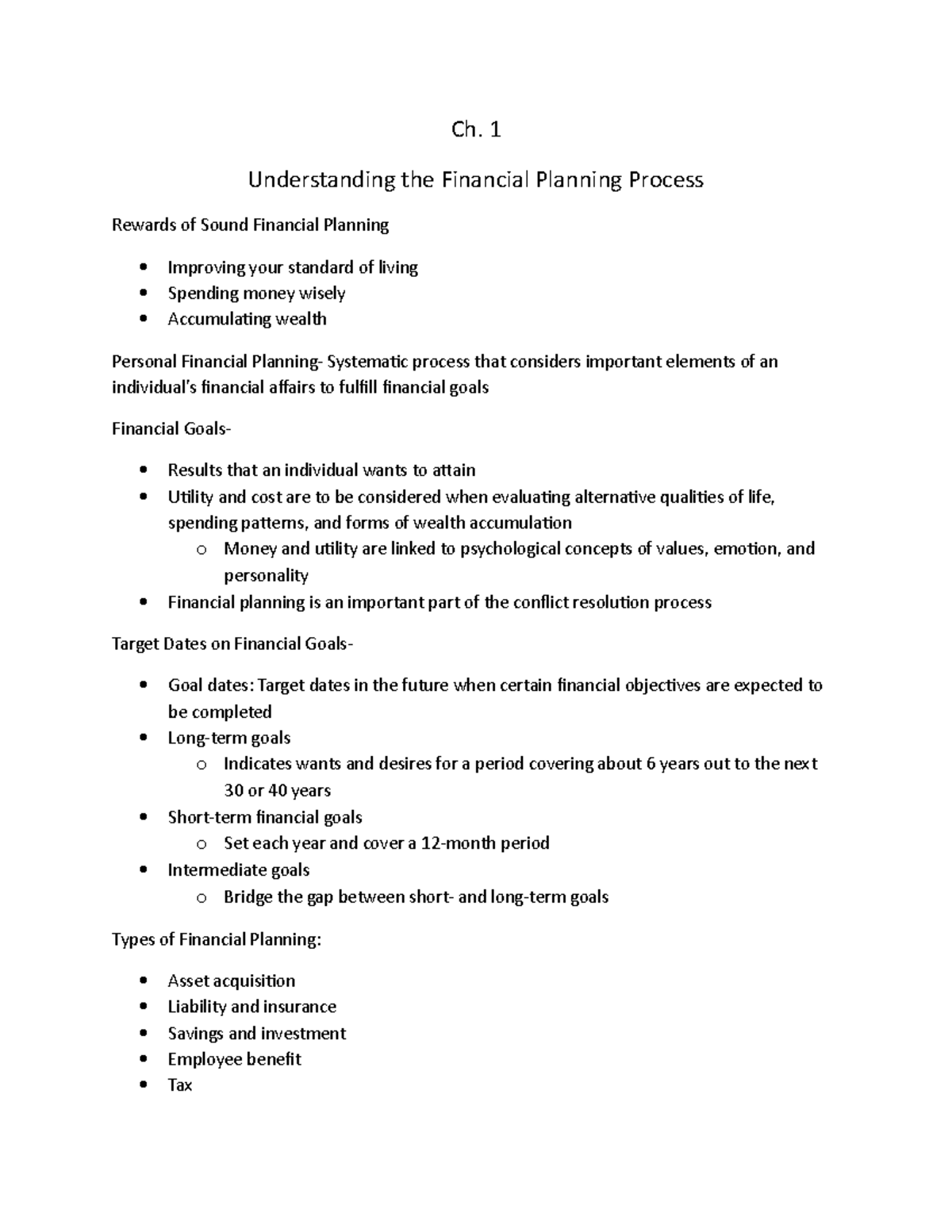 Ch.1 Notes - Ch. 1 Understanding the Financial Planning Process Rewards ...