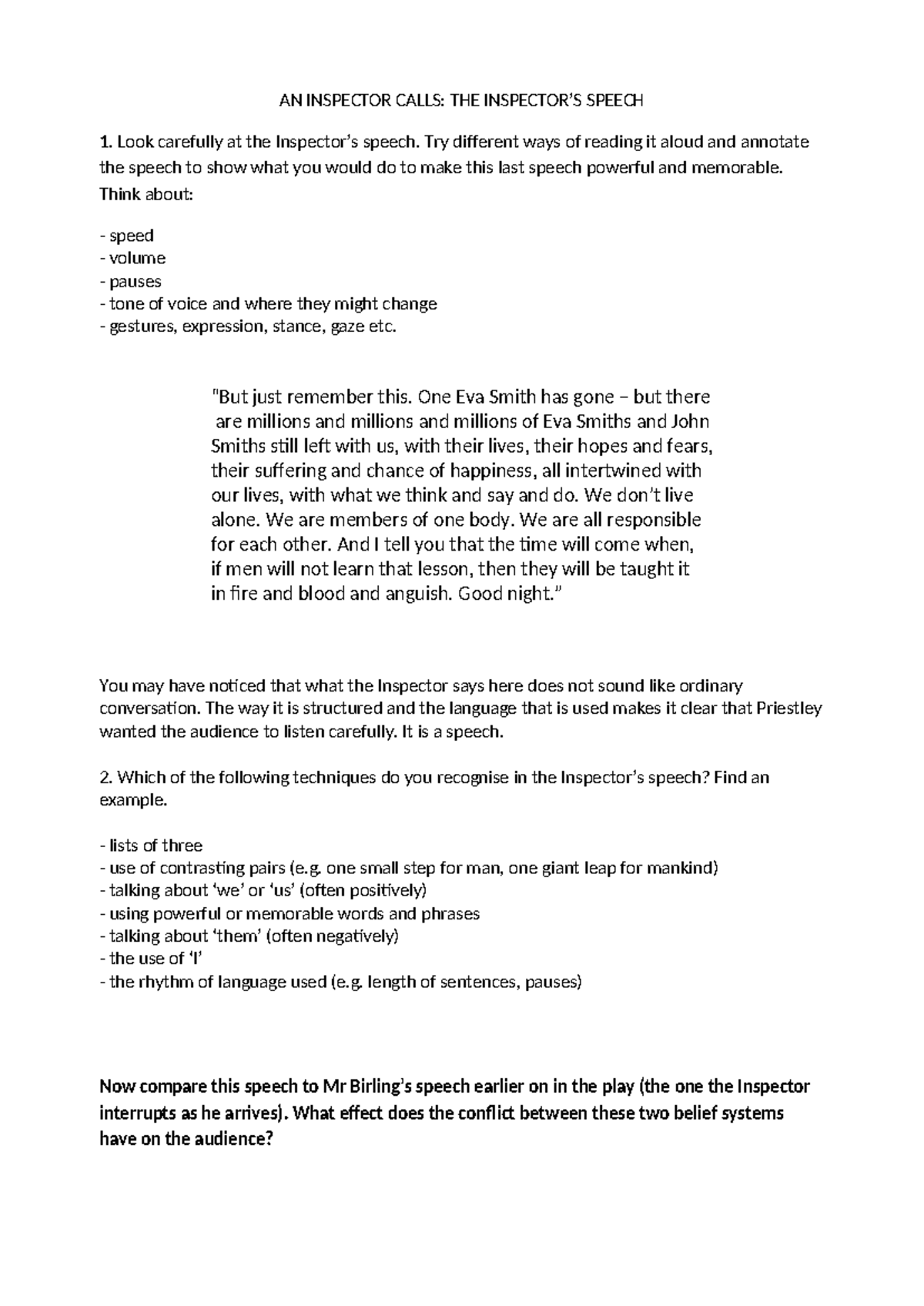 6 the inspector's speech AN INSPECTOR CALLS THE INSPECTOR’S SPEECH