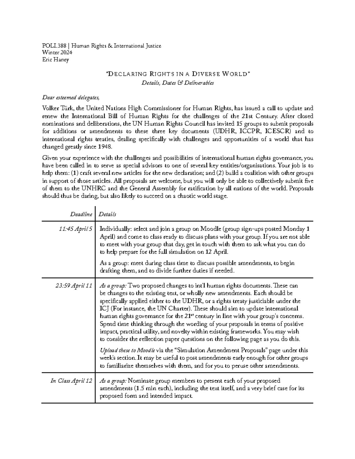 POLI388 Simulation and Reflection Paper Winter 2024 - POLI | Human ...