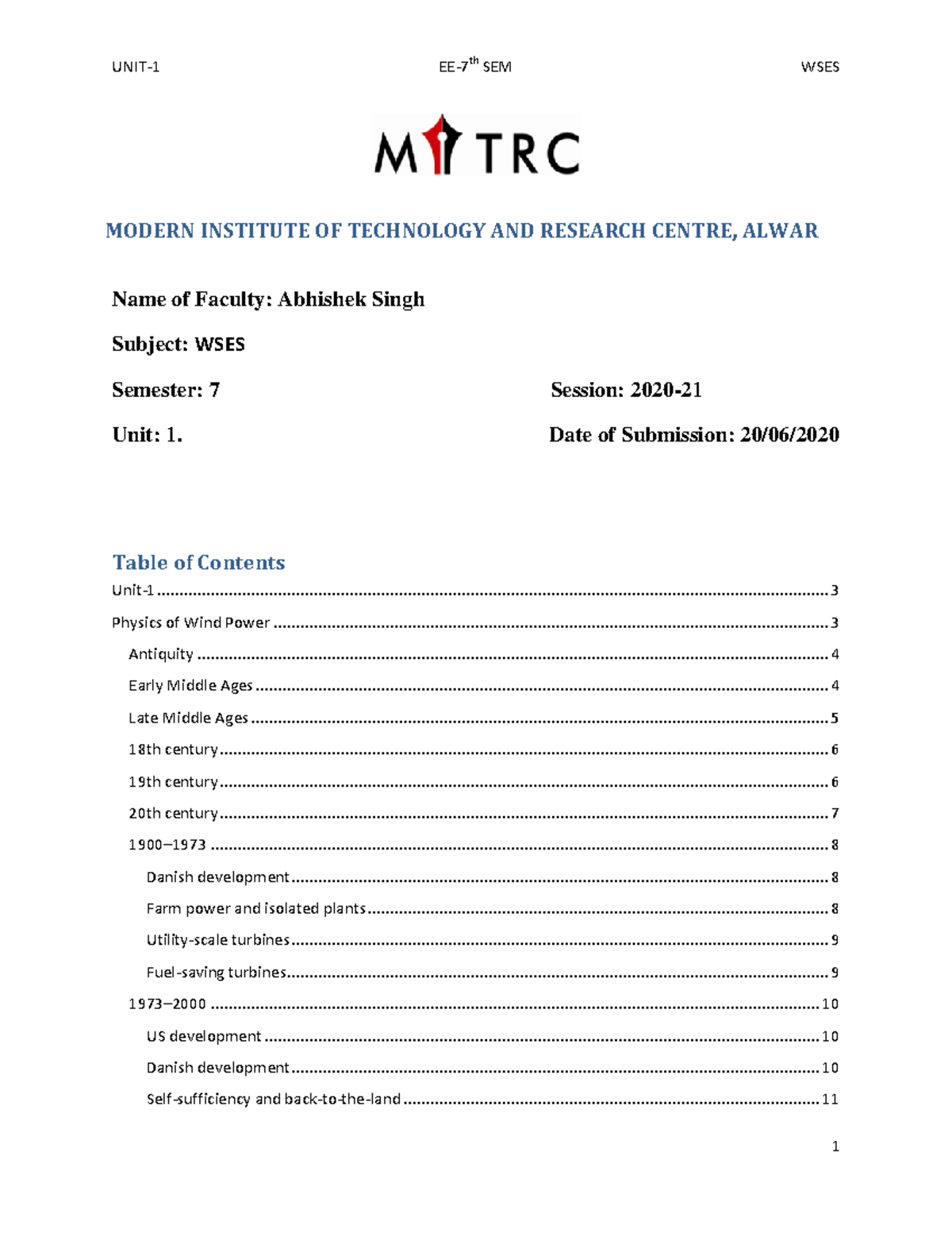 Wind and Solar Energy unit 1 notes for 7th sem MODERN INSTITUTE OF