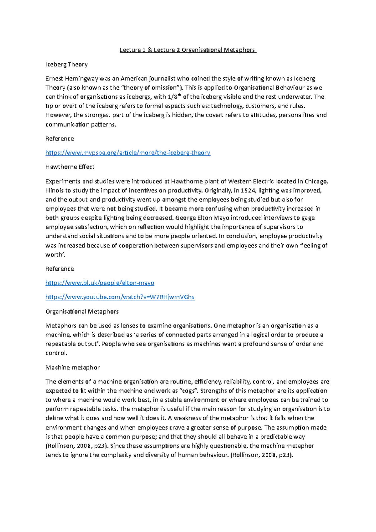 MG1051 Week 1 Lecture Notes - Lecture 1 & Lecture 2 Organisational ...