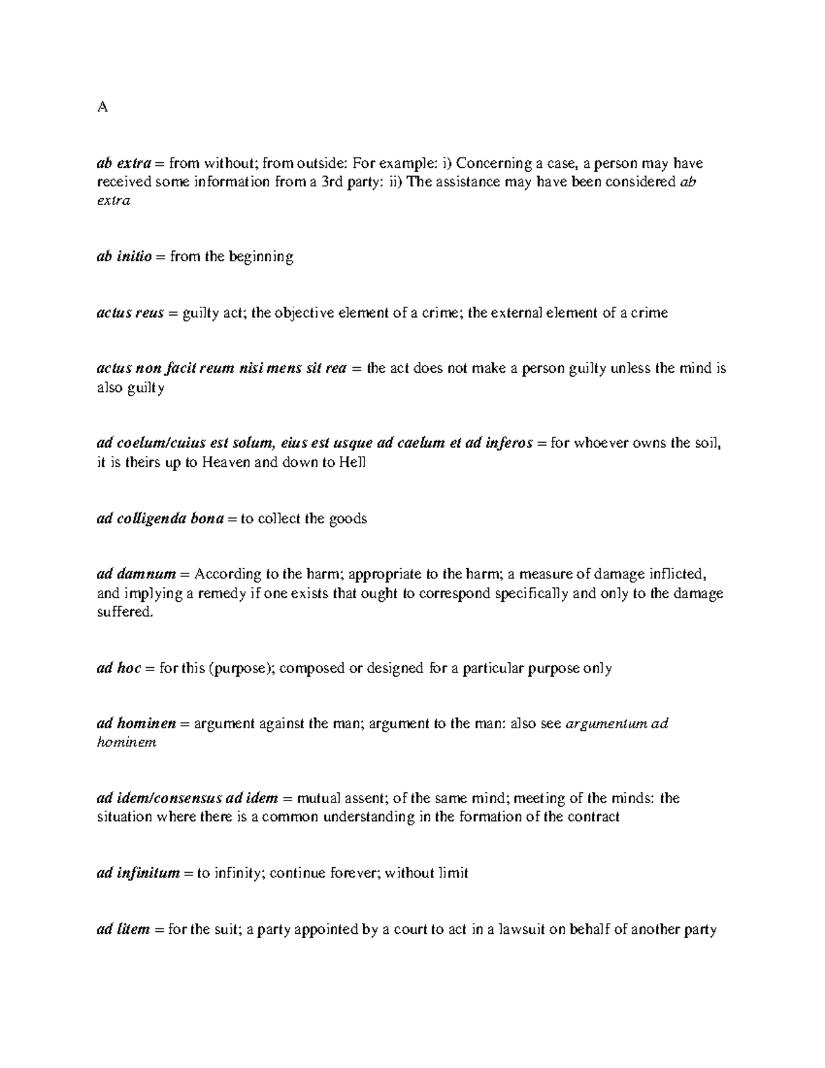 Latin Legal Terms - vdg - A ab extra = from without; from outside: For ...