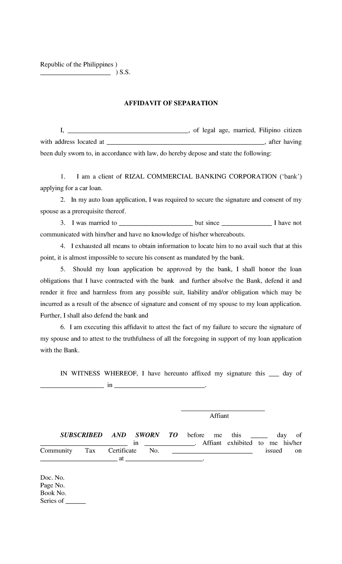 Affidavit Of Separation Home Republic Of The Philippines S