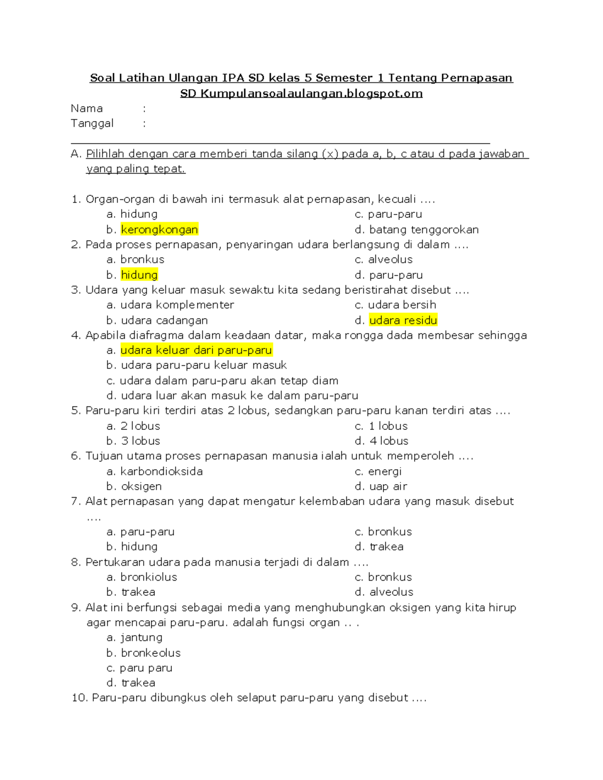 Soal Latihan Ulangan IPA SD Kelas 5 Tentang Pernapasan - Soal Latihan ...