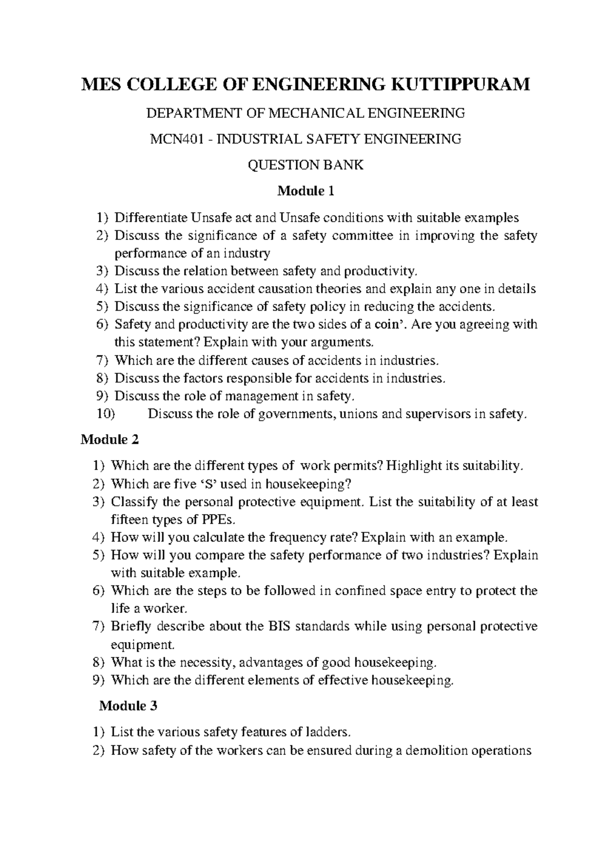 Question BANK Industrial Safety Engineering MES COLLEGE OF