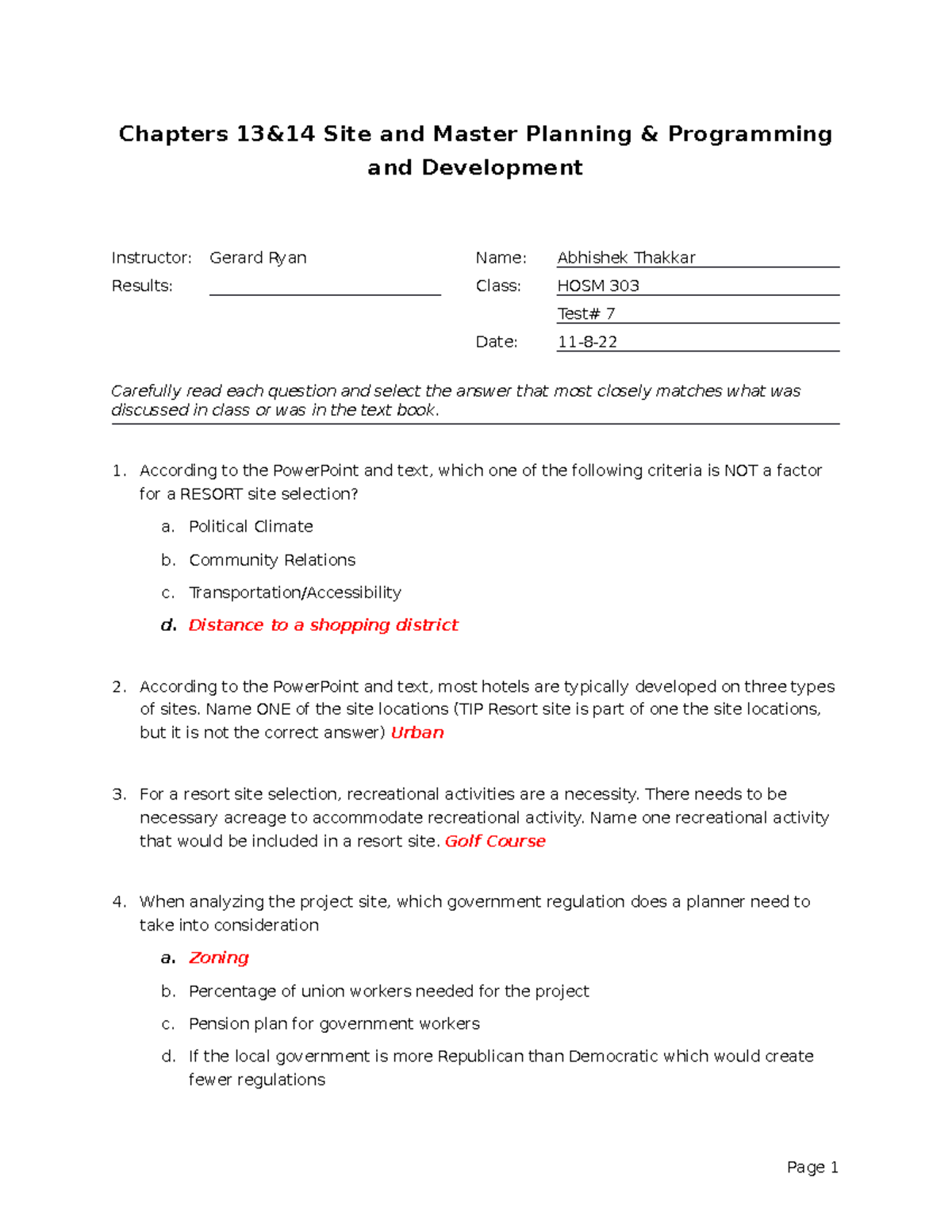 Hosm 303 Test 7 Abhishek Thakkar - Chapters 13&14 Site and Master ...