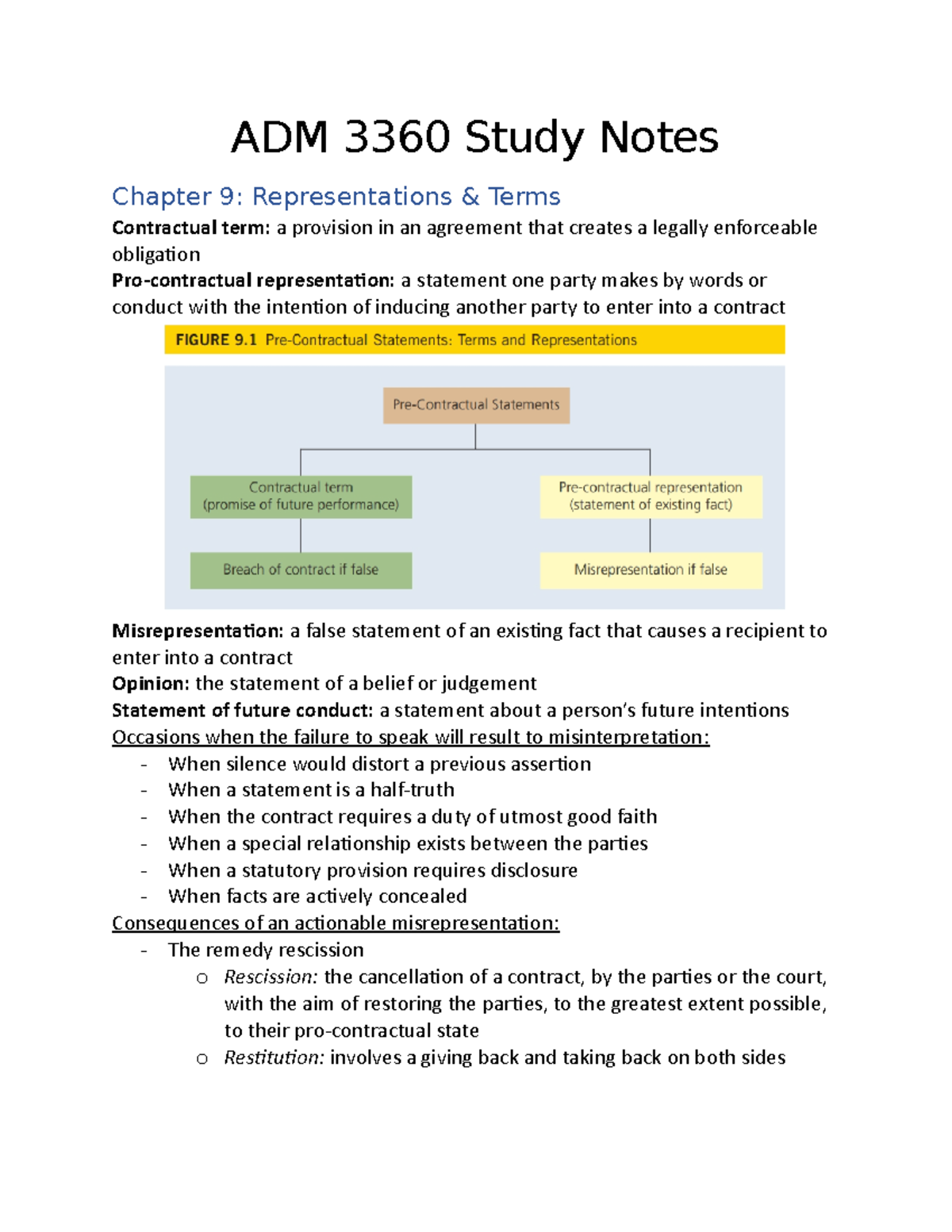 Adm 3360 Chapter 9 Notes Adm 3360 Study Notes Chapter 9 Representations Terms Contractual Adm 3360 Chapter 9 Notes Adm 3360 Study Notes Chapter 9 Representations Terms Contractual