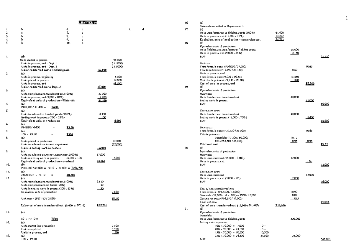 Chapter 10 Solman Cost acc CHAPTER 10 1. b 6. c 11. d 2. c 7. c 3