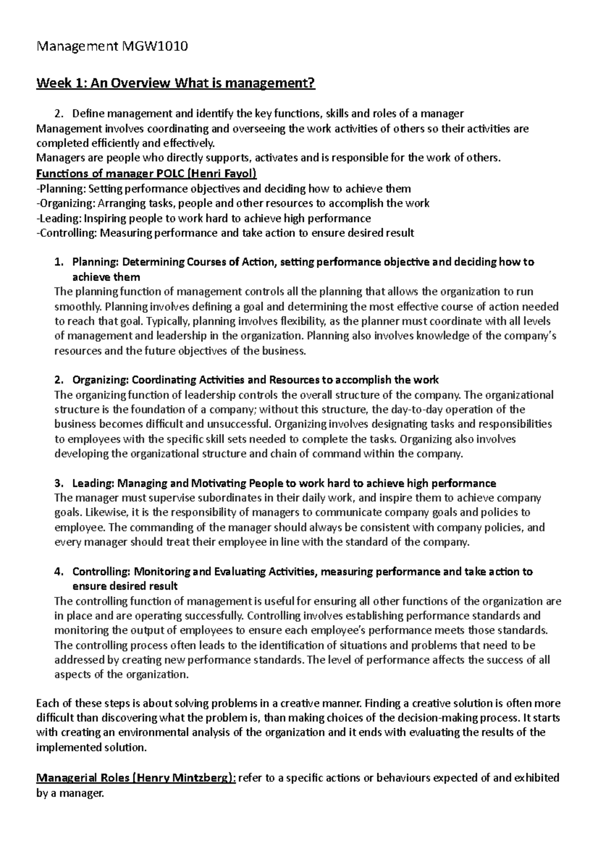 Management MGW1010 - Define management and identify the key functions ...