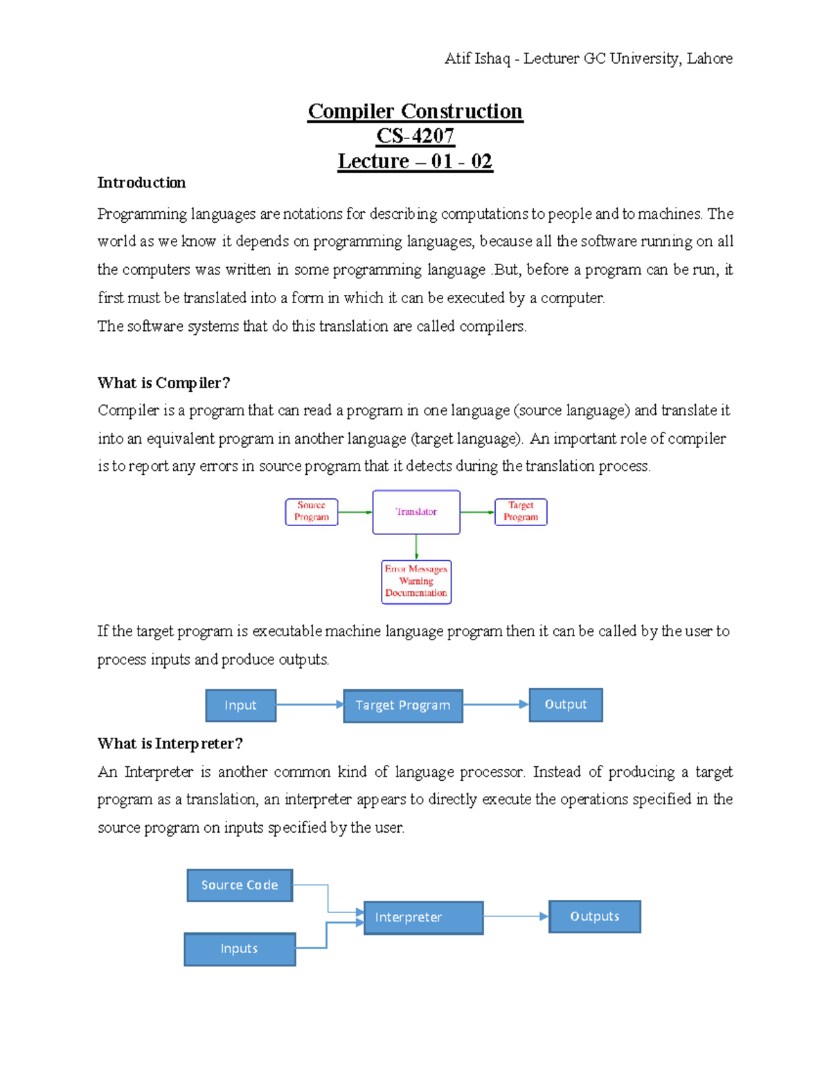 Lecture-01-02 - Lecture notes 1 - Compiler Construction CS- Lecture ...