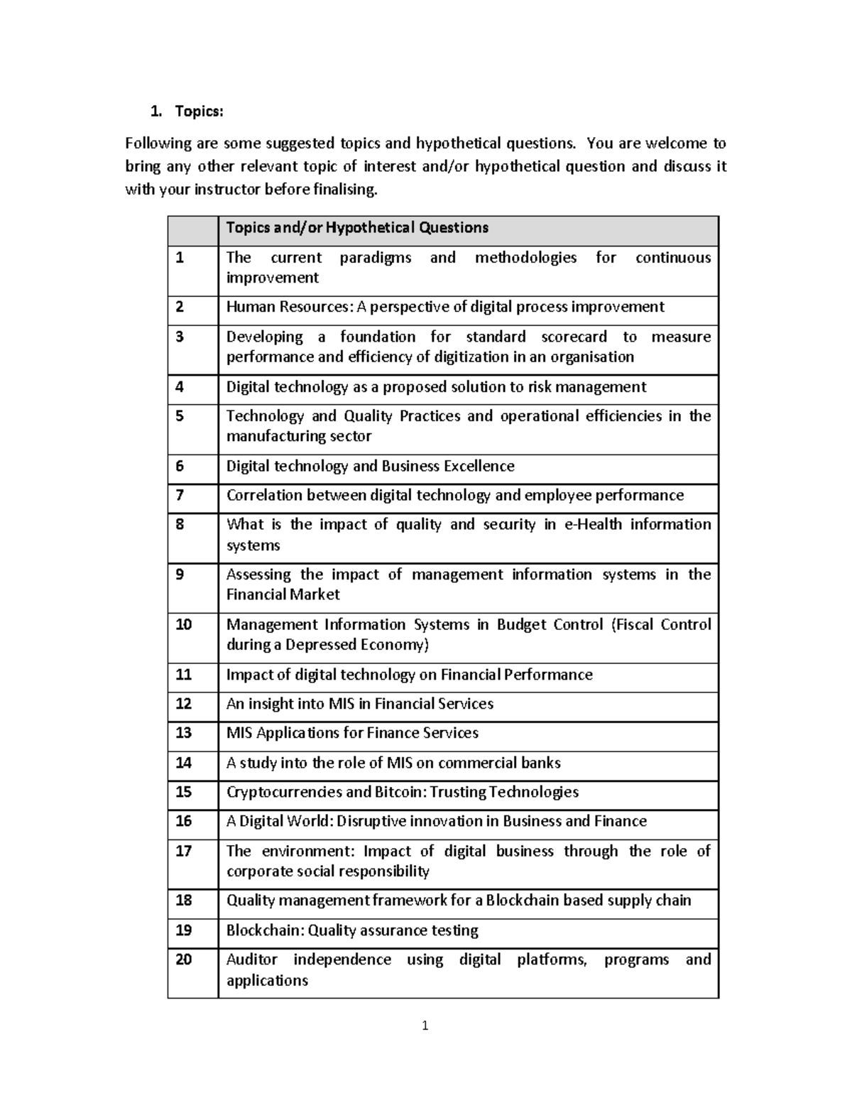 Extra Topics - 1 1. Topics: Following are some suggested topics and ...