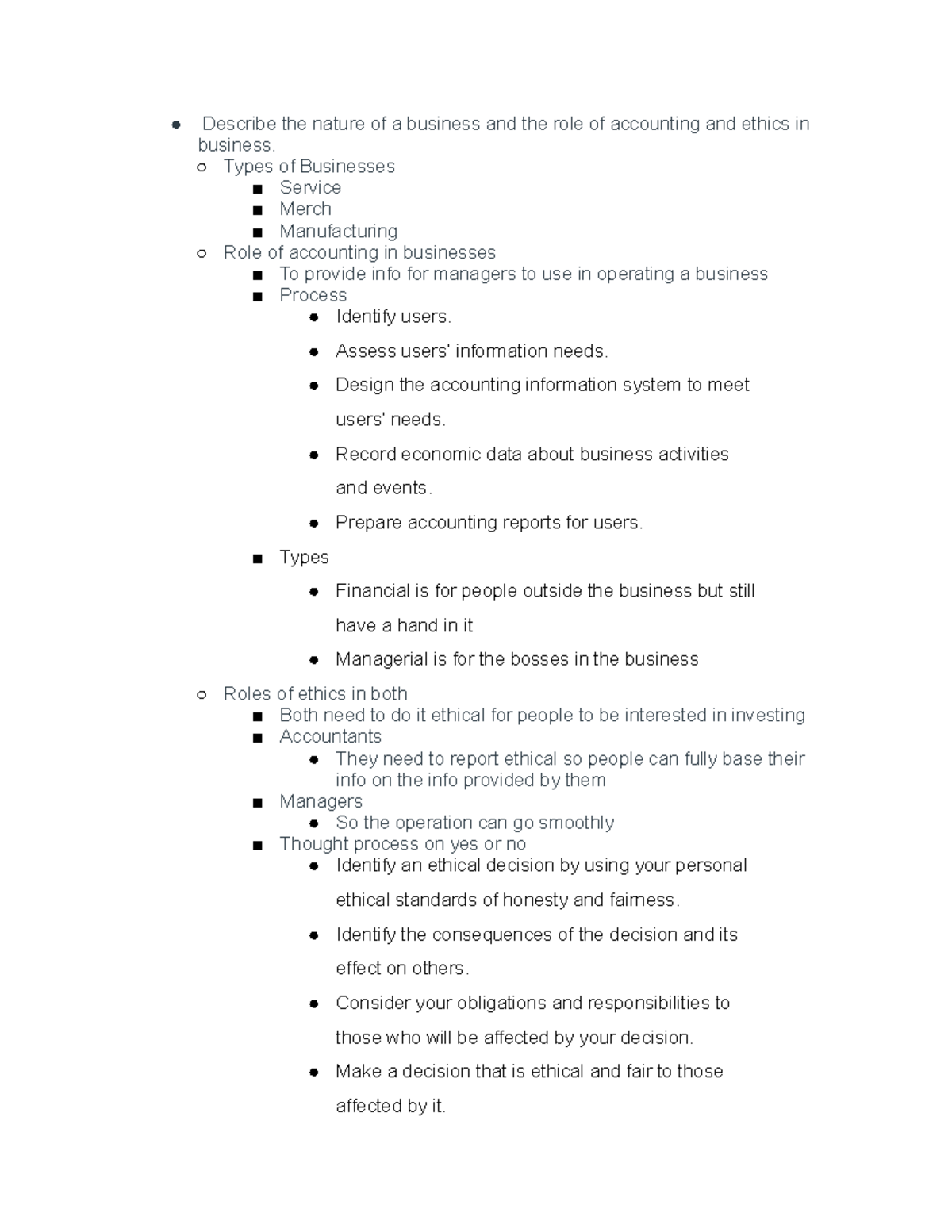 Chapter 1 notes - Describe the nature of a business and the role of ...