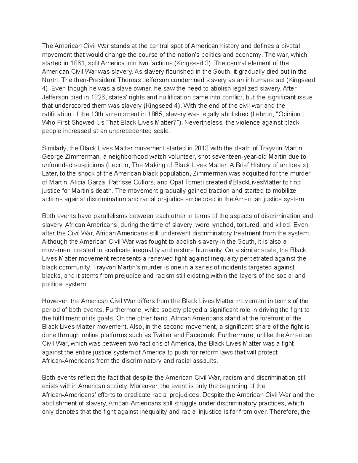 The American Civil War and the Black Lives Matter Analytical Essay ...