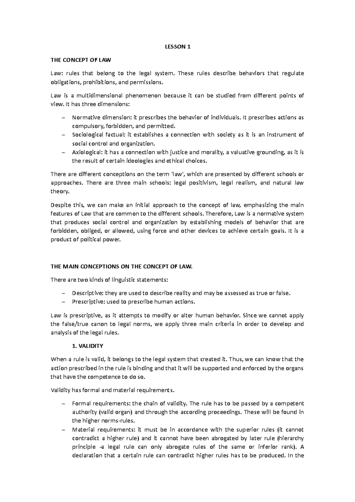 Lesson 1 - Apuntes clase 1 - LESSON 1 THE CONCEPT OF LAW Law: rules ...