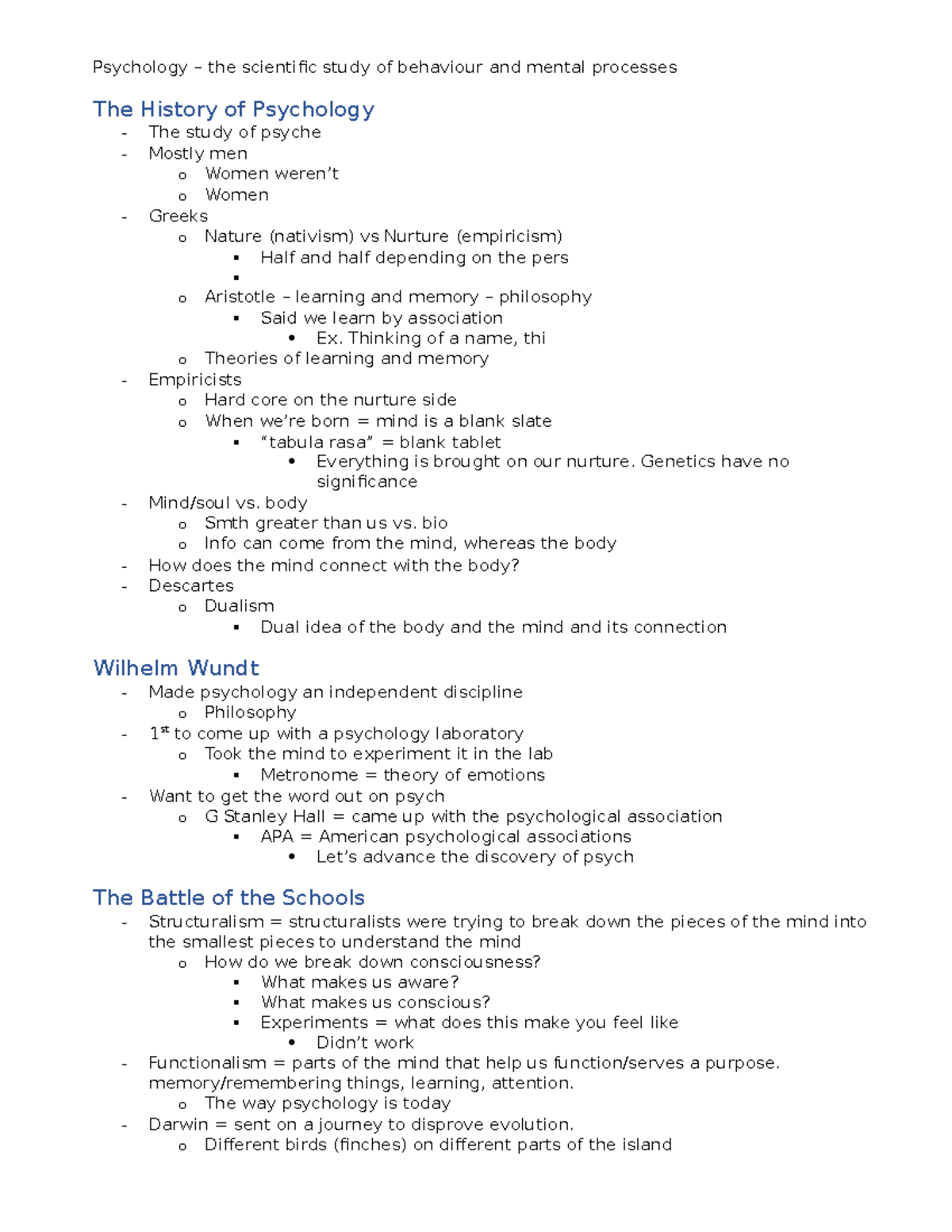Chapt 1 class notes - Summary Introduction to Psychology I - Psychology ...