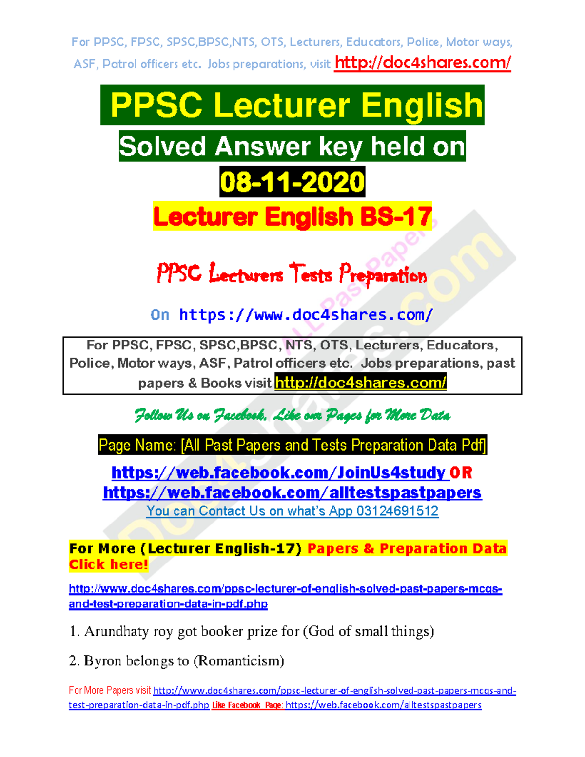 PPSC Lecturer English Solved Answer key held on 08-11-2020 - ASF ...