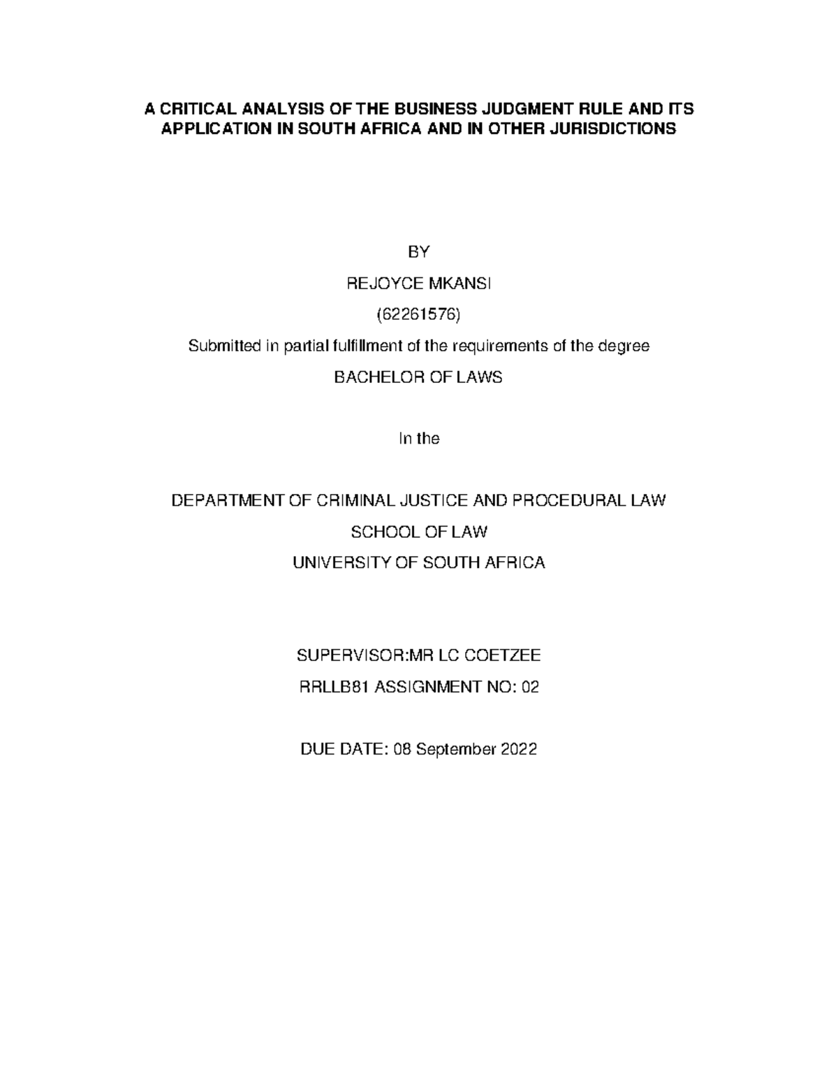 Assignment NO 01 Draft - A CRITICAL ANALYSIS OF THE BUSINESS JUDGMENT ...