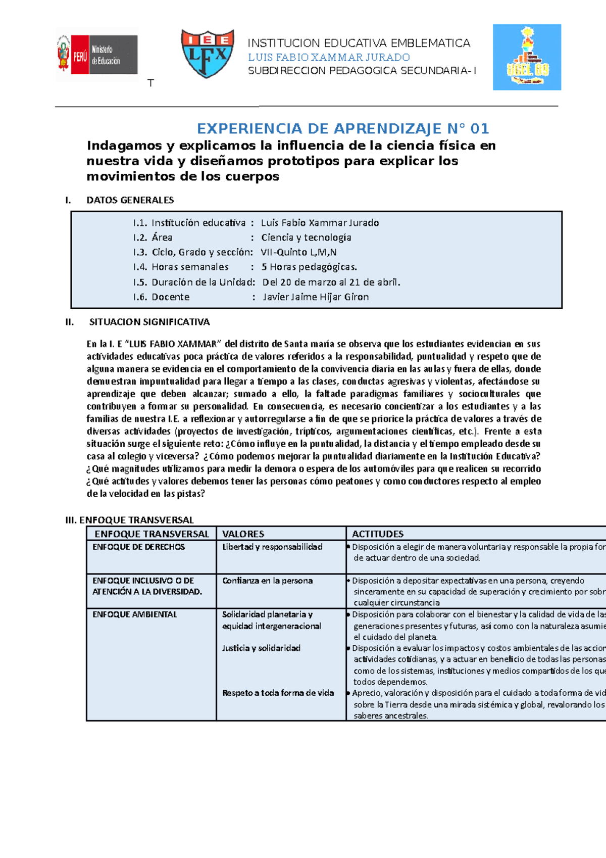 UA Nº 1- 2023 - Experiencia De Aprendizaje - INSTITUCION EDUCATIVA ...