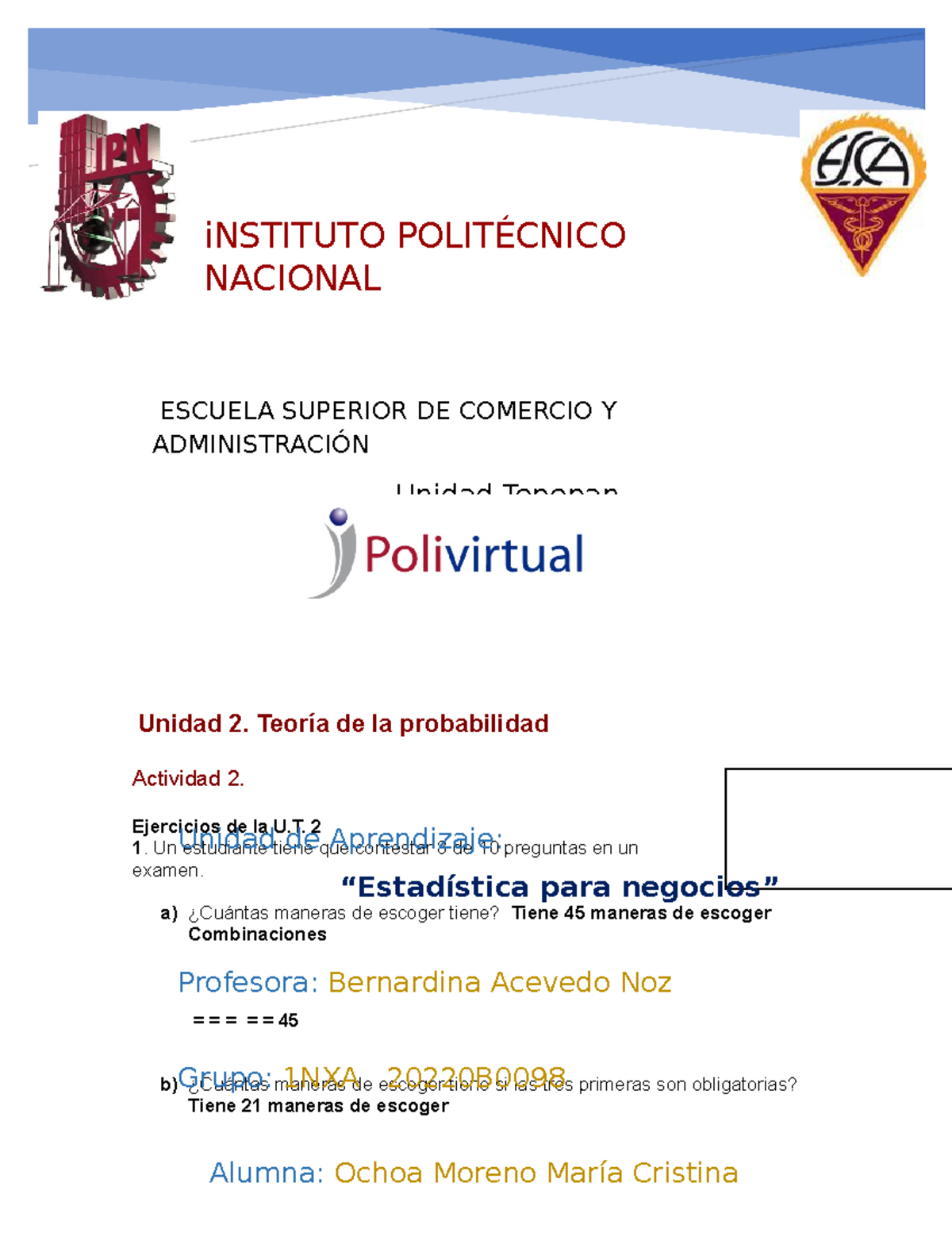 Actividad 2 Ejercicios - INSTITUTO POLITÉCNICO NACIONAL Unidad 2 ...