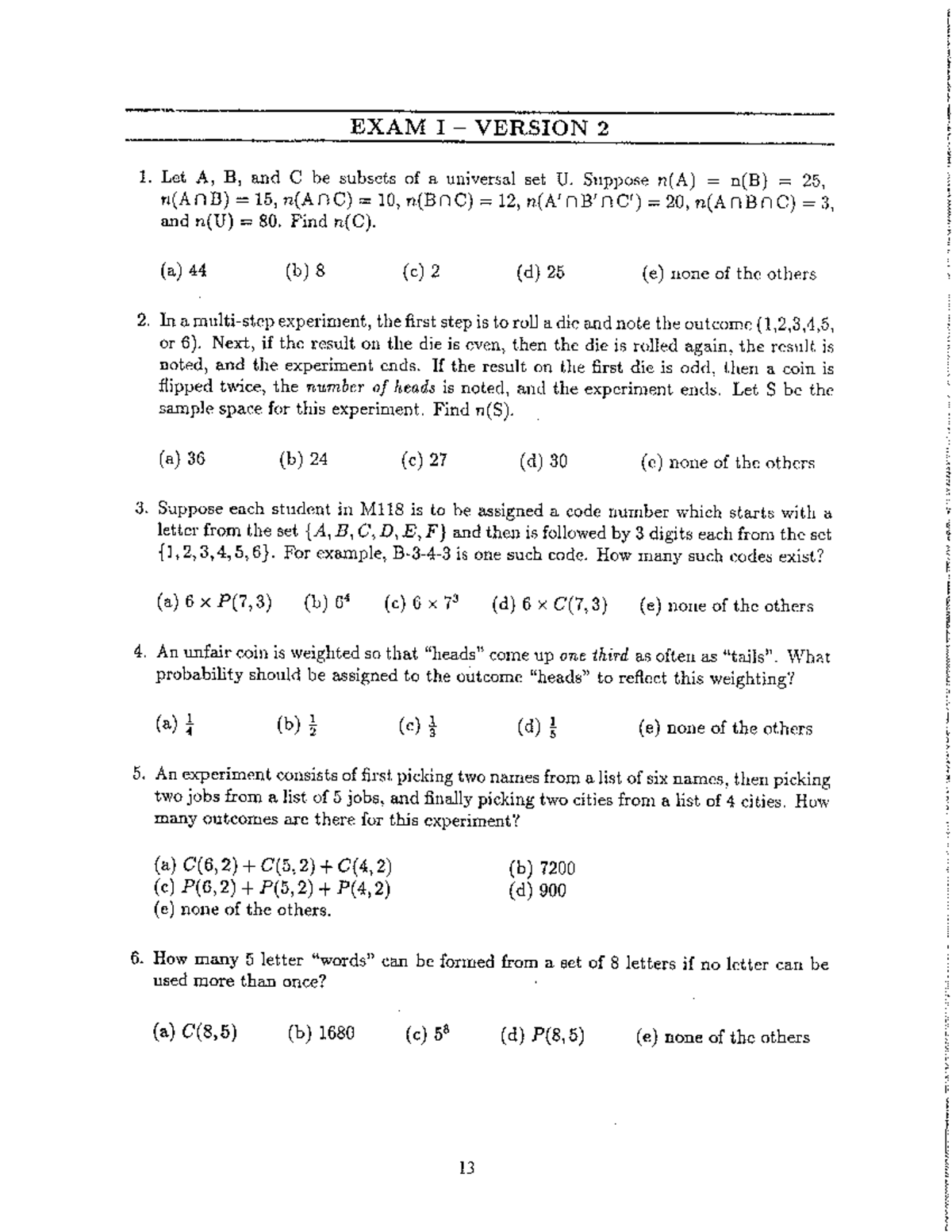 M118 Practice Exam 1 E - Exam Version 2 . Let A, B, And C Be Subsets Of 