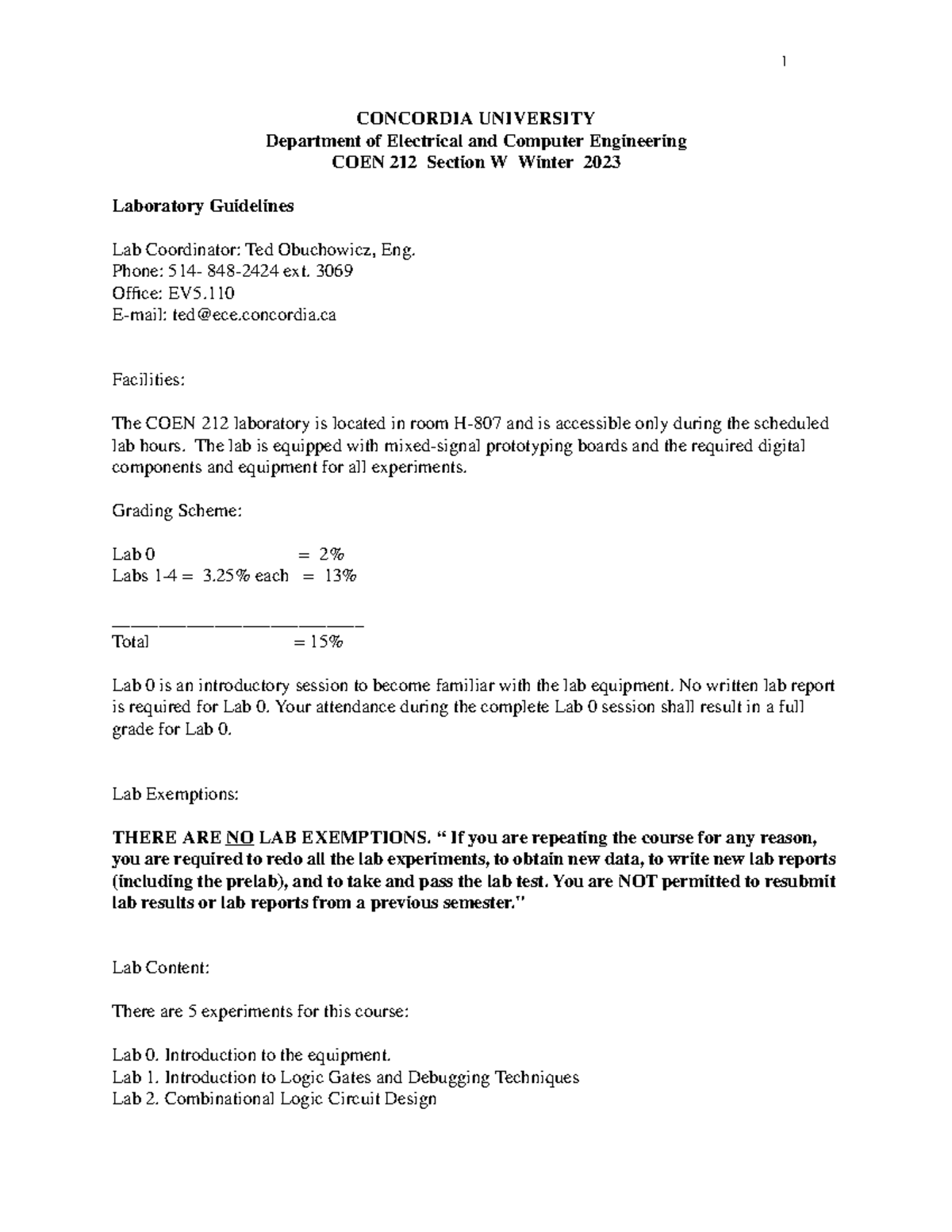 Lab Guidelines guidlines CONCORDIA UNIVERSITY Department of