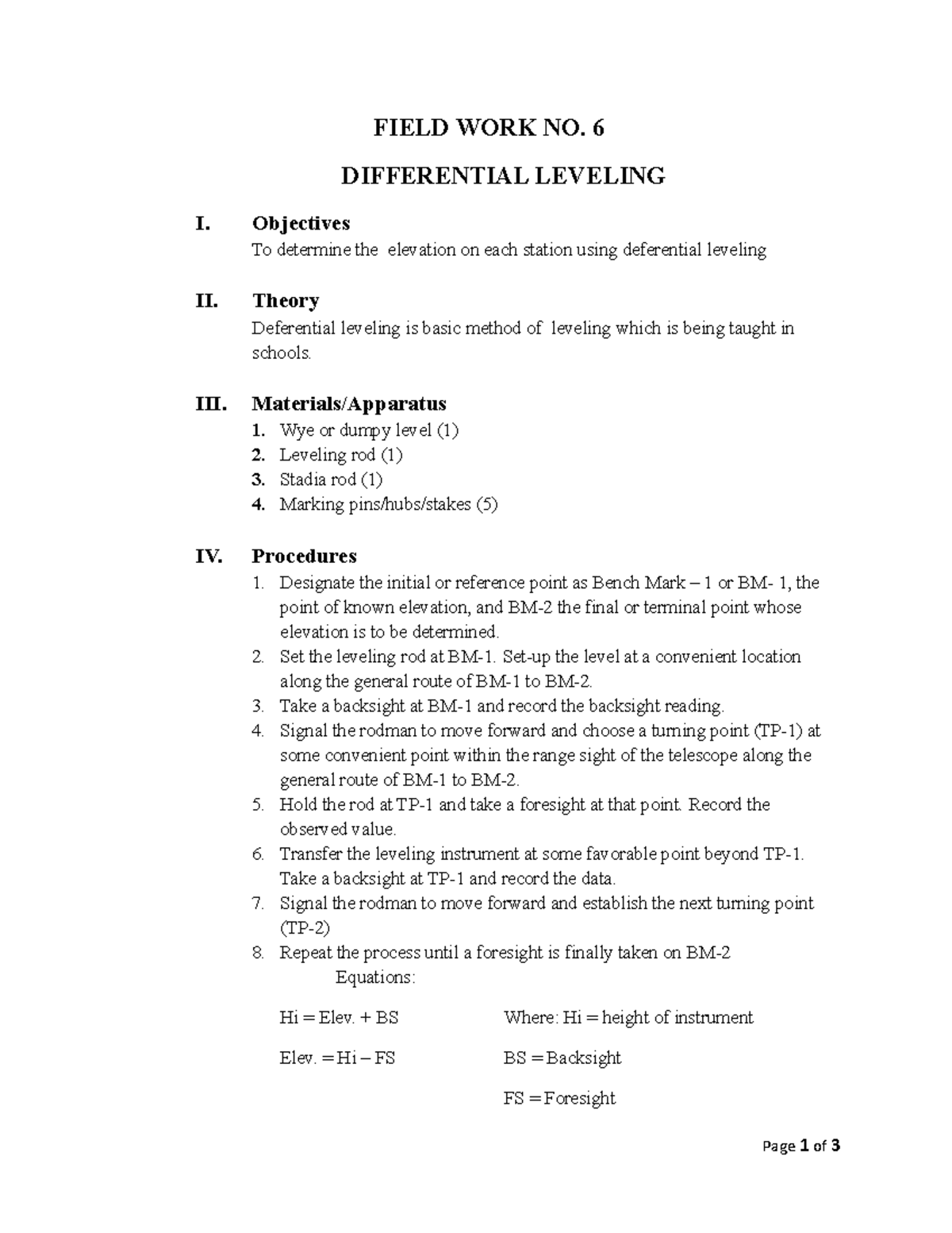 FW 6 Differential Leveling FIELD WORK NO. 6 DIFFERENTIAL LEVELING I