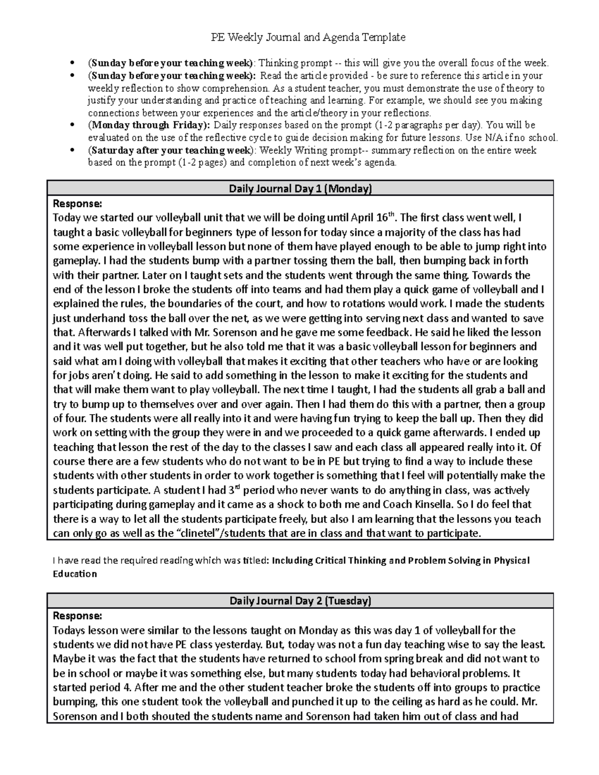 Week 7 student teaching journal PE Weekly Journal and Agenda Template