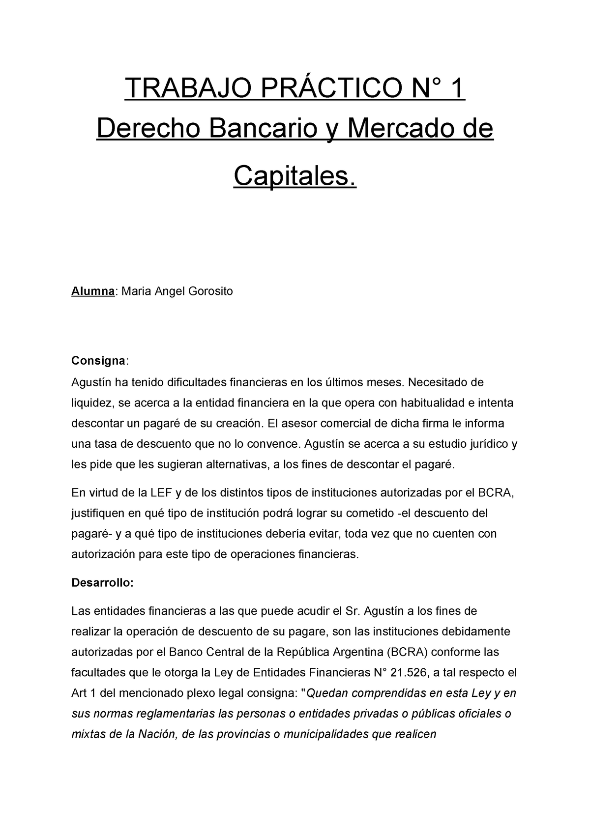 Tp 1 Derecho Bancario Trabajo PrÁctico N° 1 Derecho Bancario Y Mercado De Capitales Alumna 9366