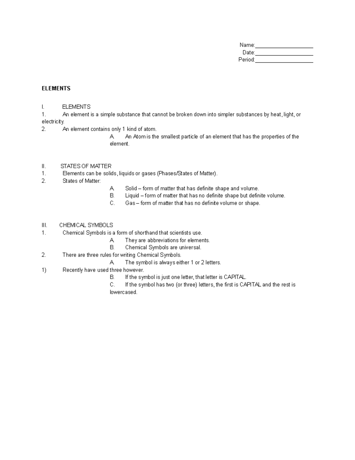 Elements - Name:____________________ Date:____________________ Period