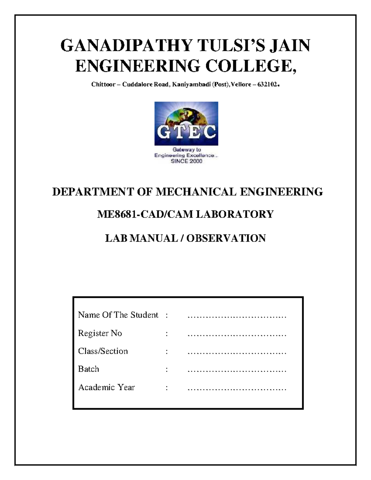 CAD-CAM Manual - NIL - GANADIPATHY TULSI’S JAIN ENGINEERING COLLEGE ...