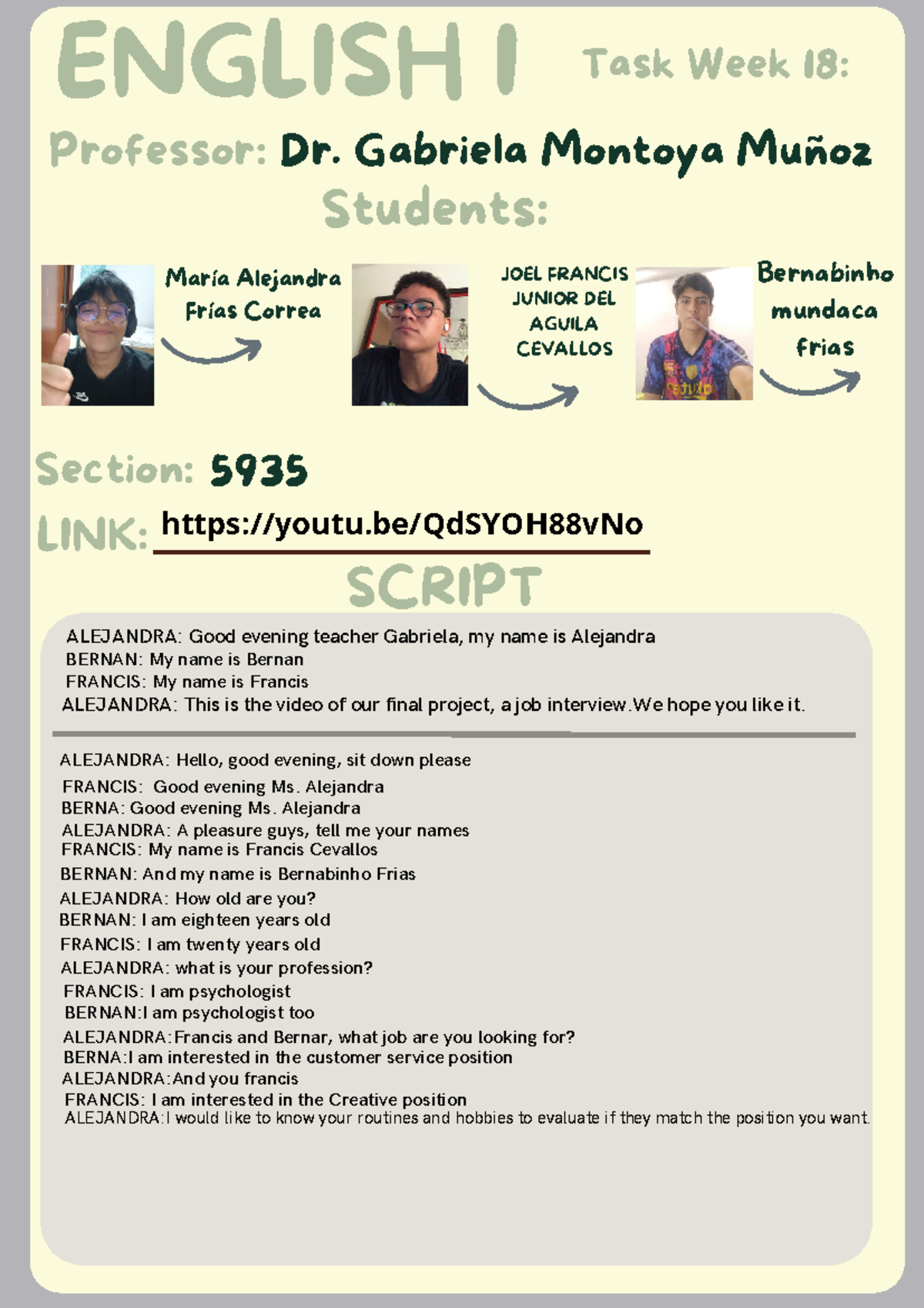 TASK18 - inglish - ENGLISH I Task Week 18: SCRIPT LINK: Professor: Dr ...
