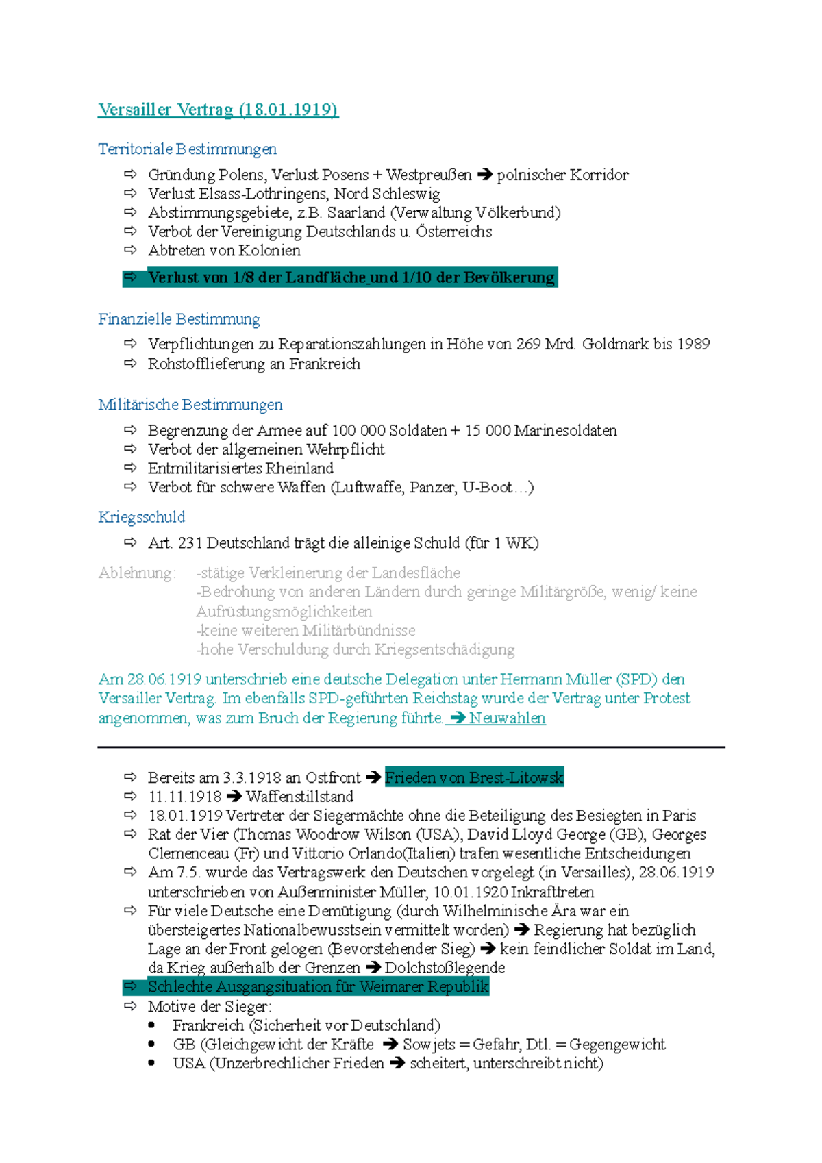 Versailler Vertrag - 01) Territoriale Bestimmungen Gründung Polens