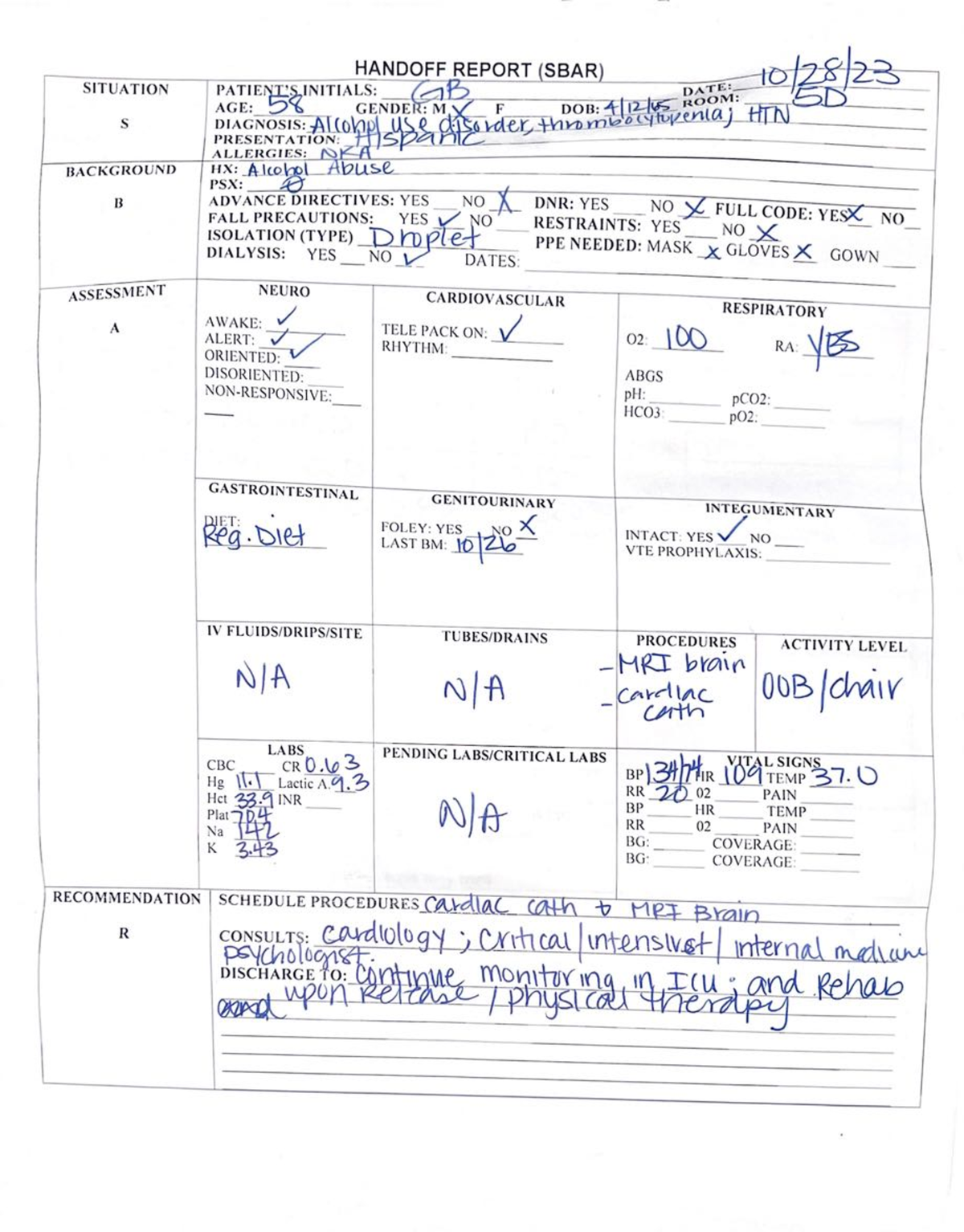 Handoff Care plan 1028 NUR1211L Studocu