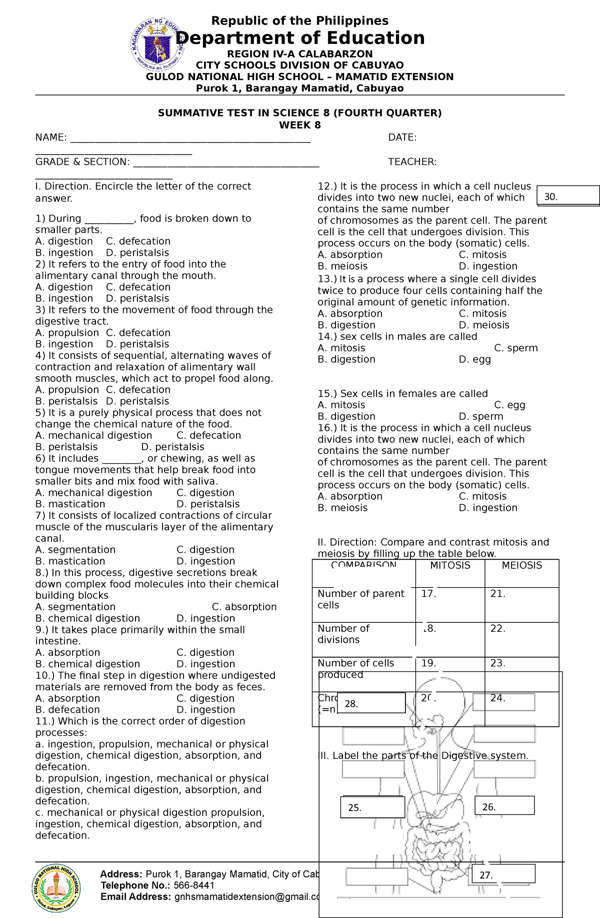 Science 8 Summative Test Q4 Address Purok 1 Barangay Mamatid City Of Cabuyao Laguna 0968