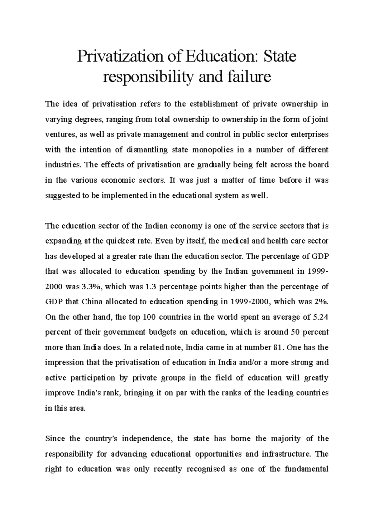 Privatization of Education State responsibility and failure - The ...