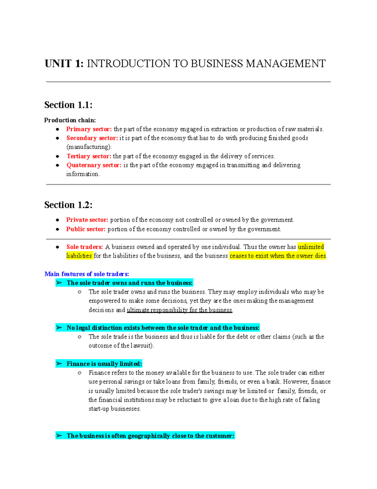Business notes IB HL - UNIT 1: INTRODUCTION TO BUSINESS MANAGEMENT ...