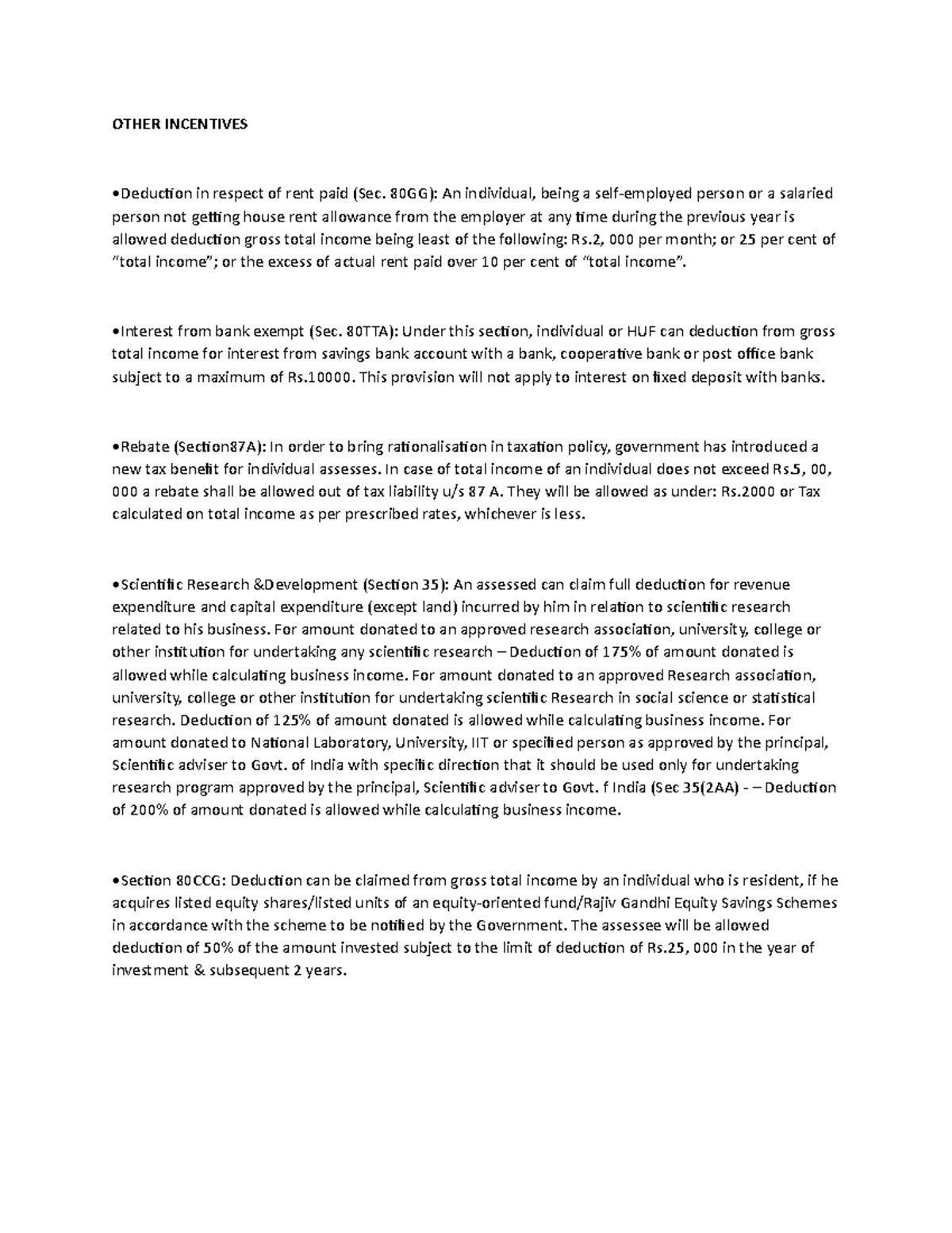 Other incentives under tax OTHER INCENTIVES •Deduction in