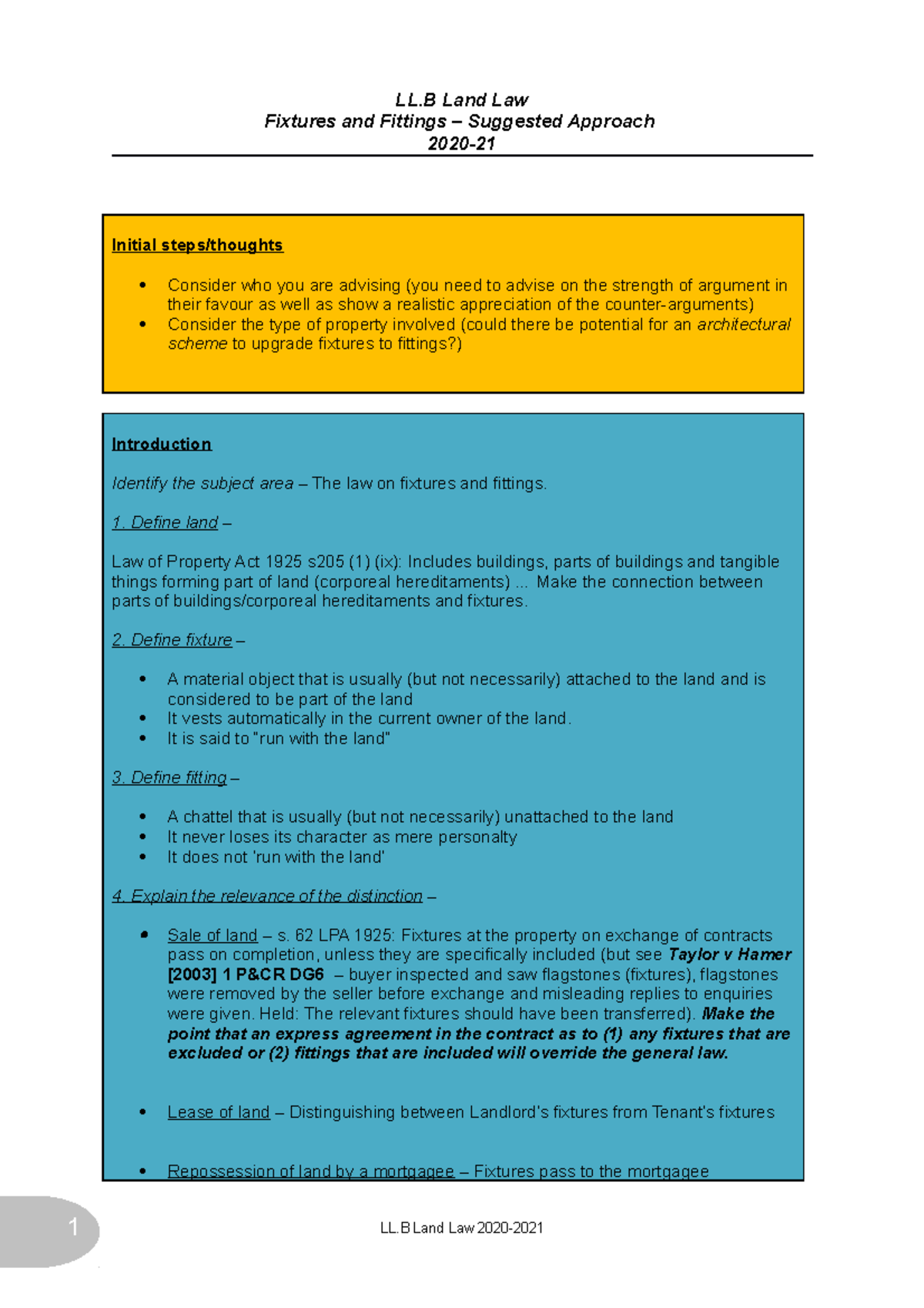 LAND LAW Fixtures AND Fittings Suggested Approach 2021 land law 100 grade LL Land Law